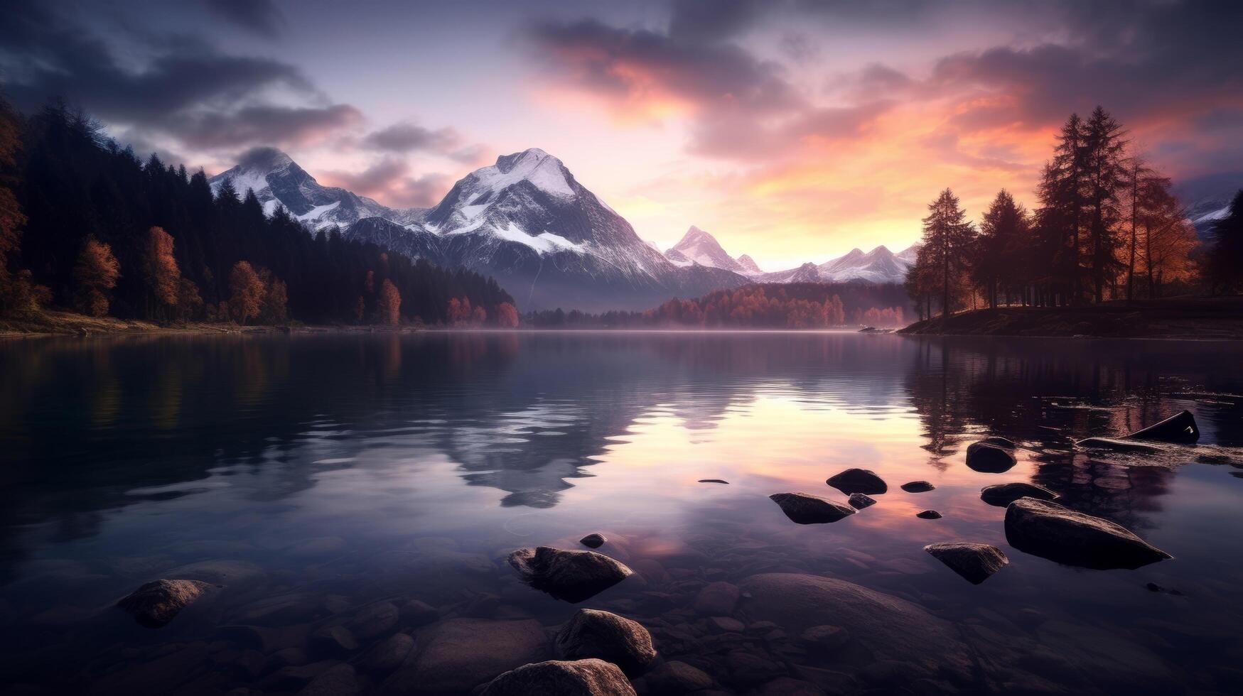 AI generated A beautiful sunset over a lake with mountains in the background photo