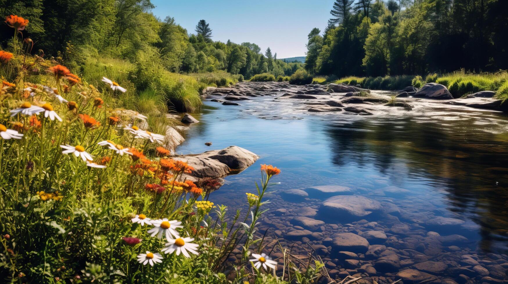 ai generado un pintoresco río enmarcado por vibrante flores silvestres un vistoso y escénico escena foto