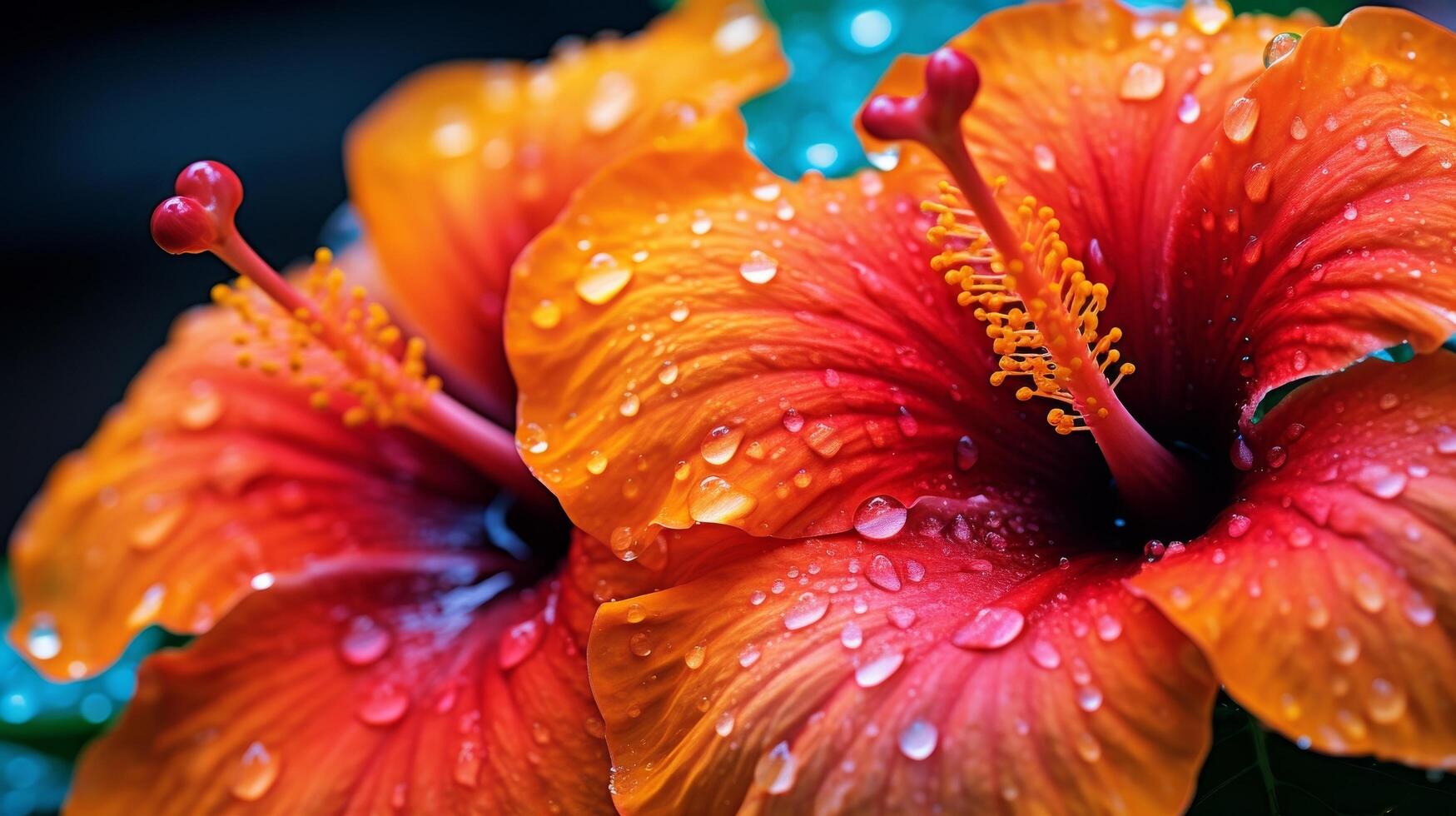 AI generated A close up of water droplets on a vibrant flower petal, with different colors and reflections photo