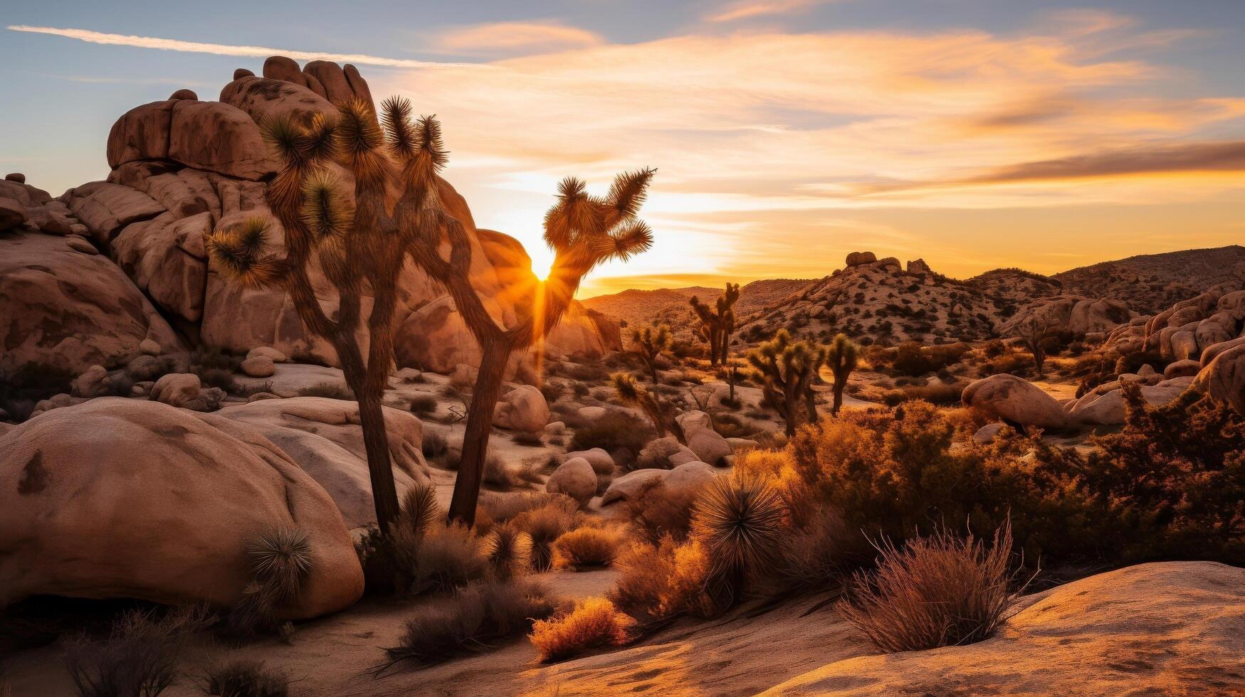 AI generated Sunset silhouette of cholla cacti and boulders photo