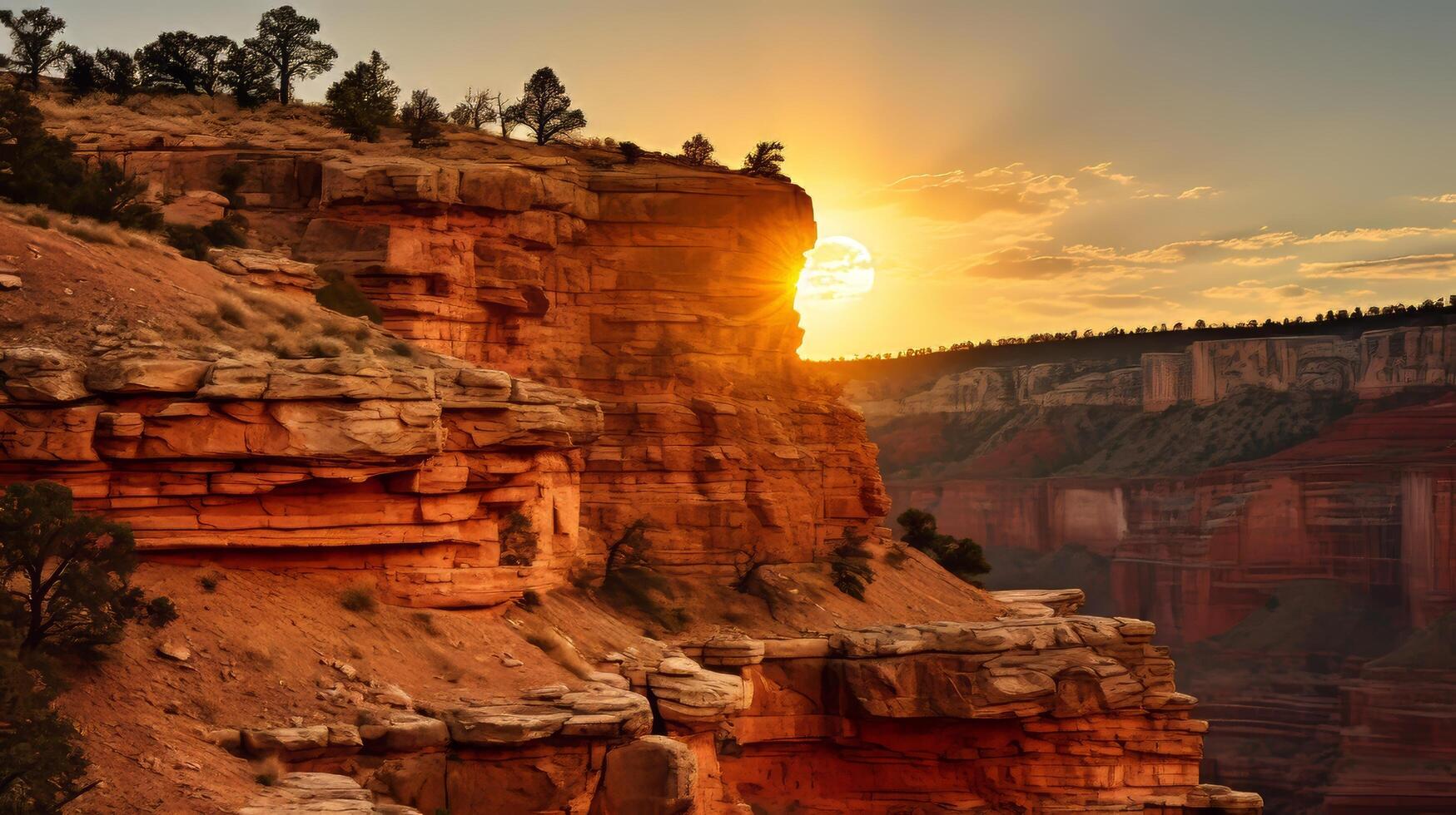 AI generated Golden light on canyon rim and moon photo