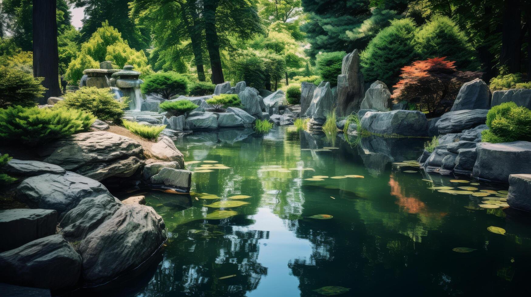 AI generated Serene koi pond enclosed by rocks photo