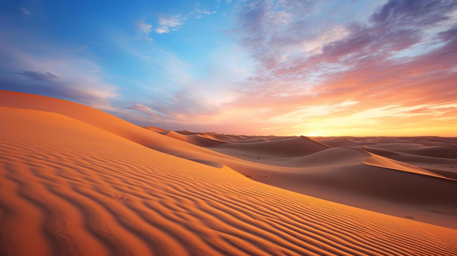 AI generated A close up photo of desert sand dunes, with a stunning sunset and a gradient of colors