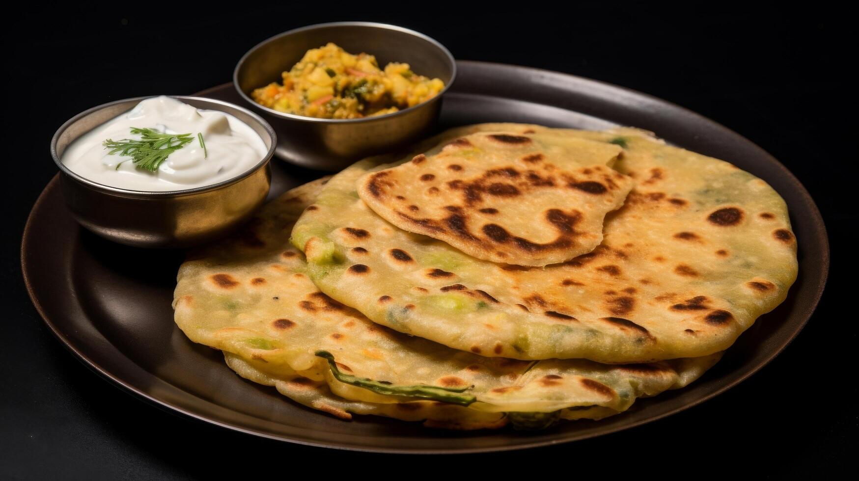 AI generated A plate featuring aloo paratha, accompanied by yogurt and pickles photo