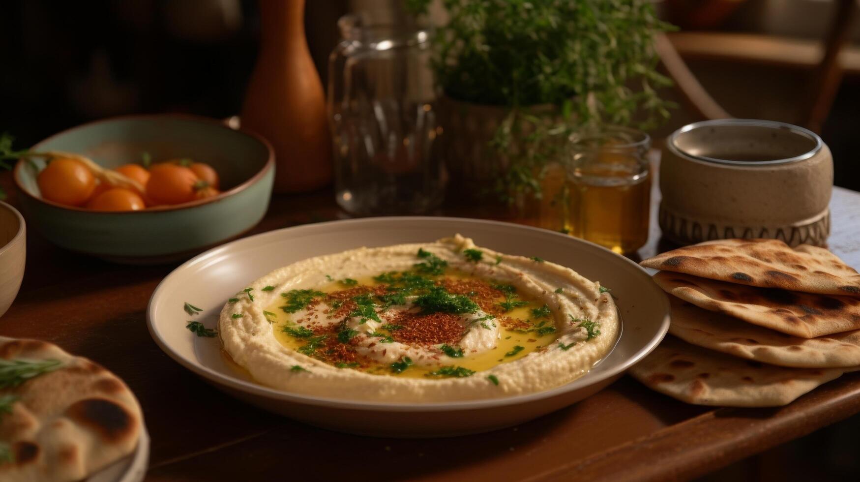 AI generated Middle Eastern inspired breakfast spread with flatbreads and hummus photo