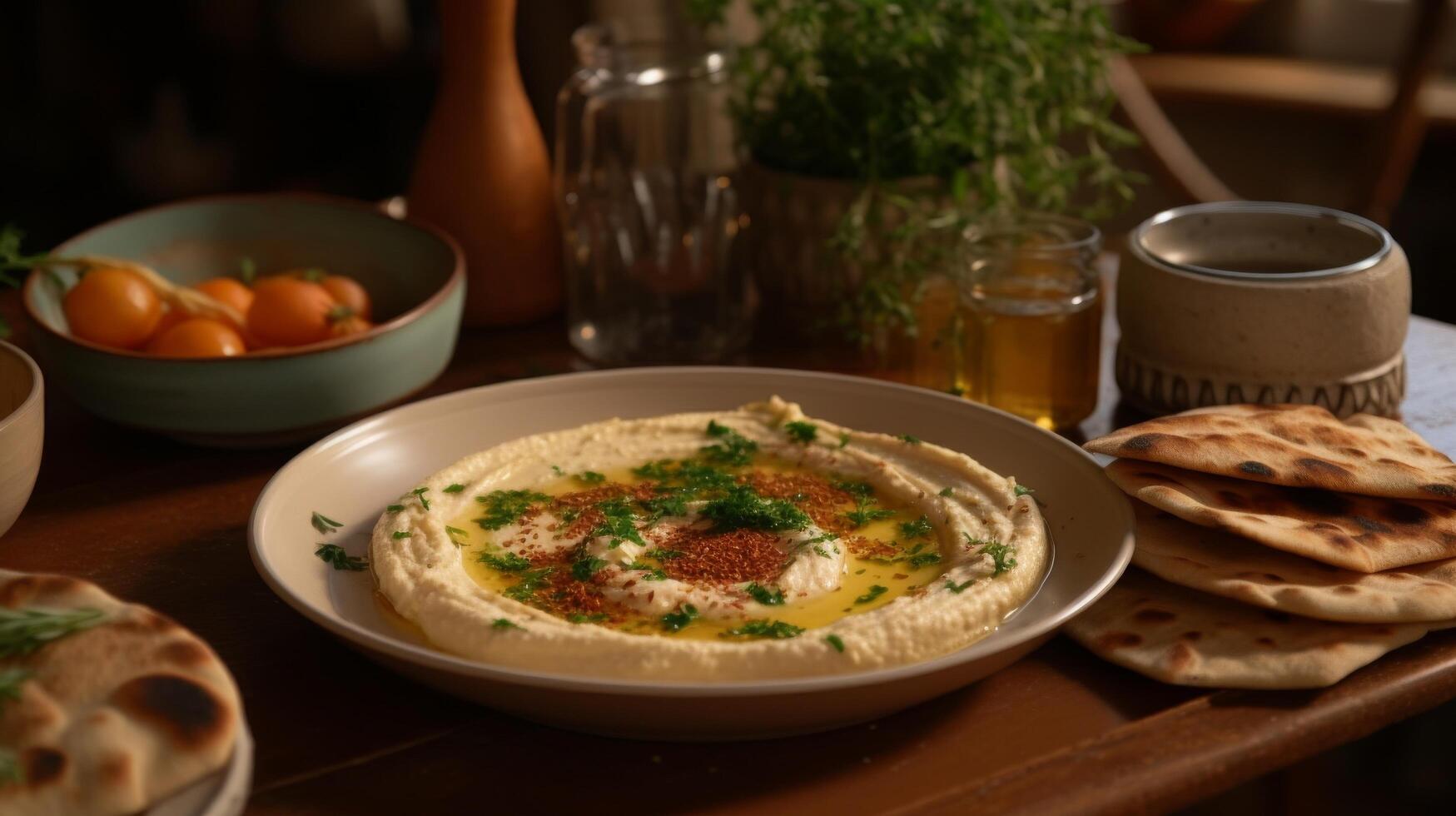 ai generado medio oriental inspirado desayuno untado con panes planos y hummus foto