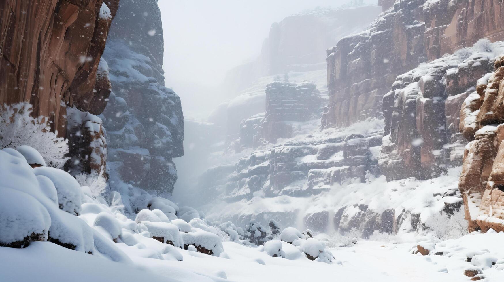 AI generated Beautiful and impressive canyon landscape in snowstorm photo