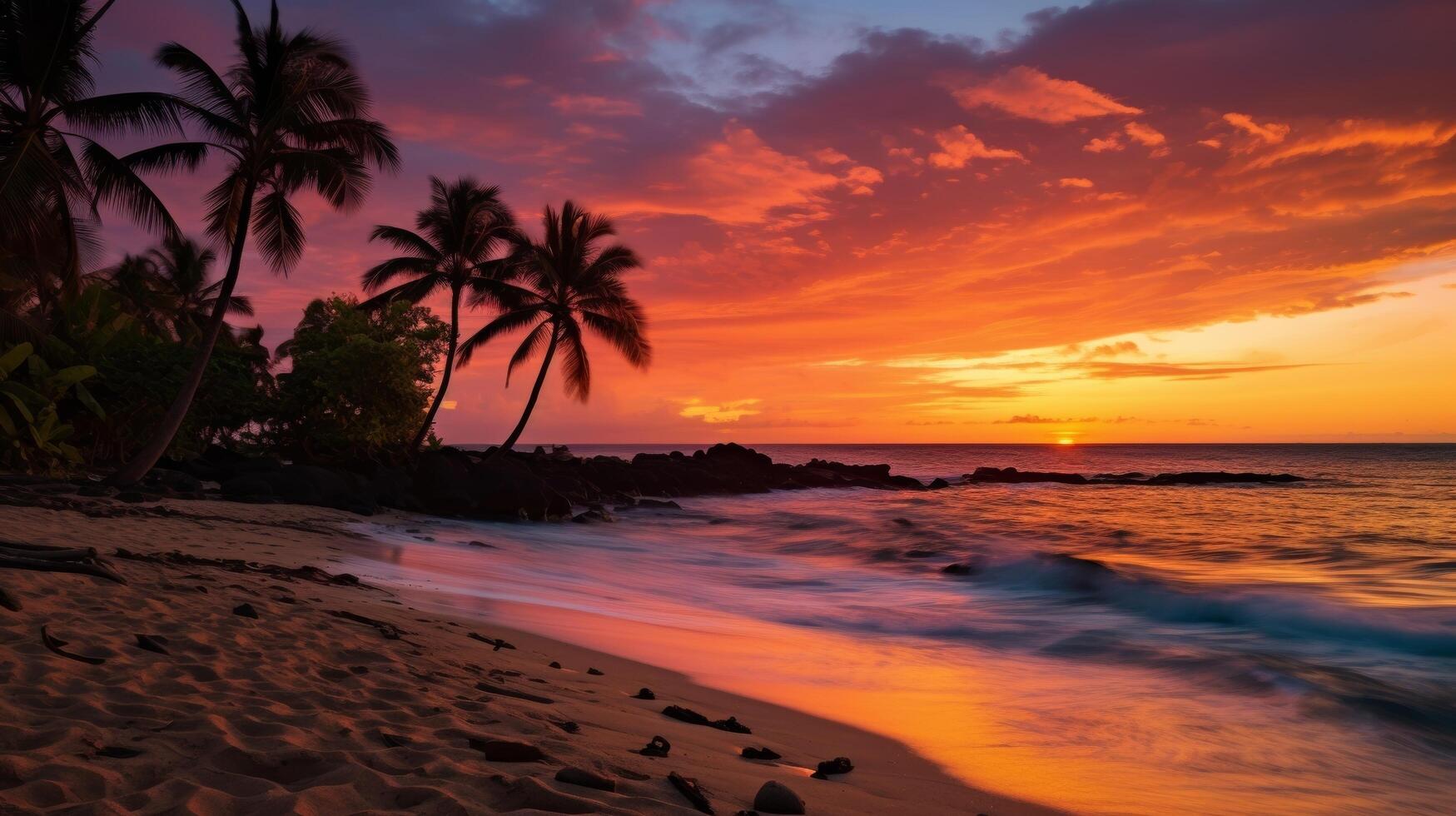 ai generado pacífico tropical playa y puesta de sol a oscuridad en natural ambiente foto