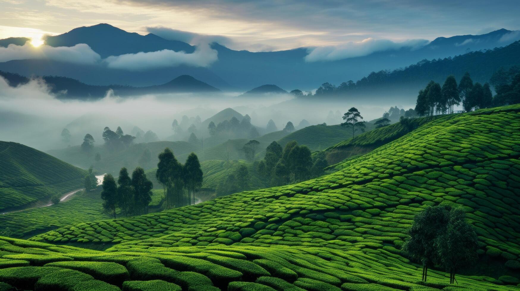 AI generated A green and lush tea plantation with a foggy mountain backdrop photo