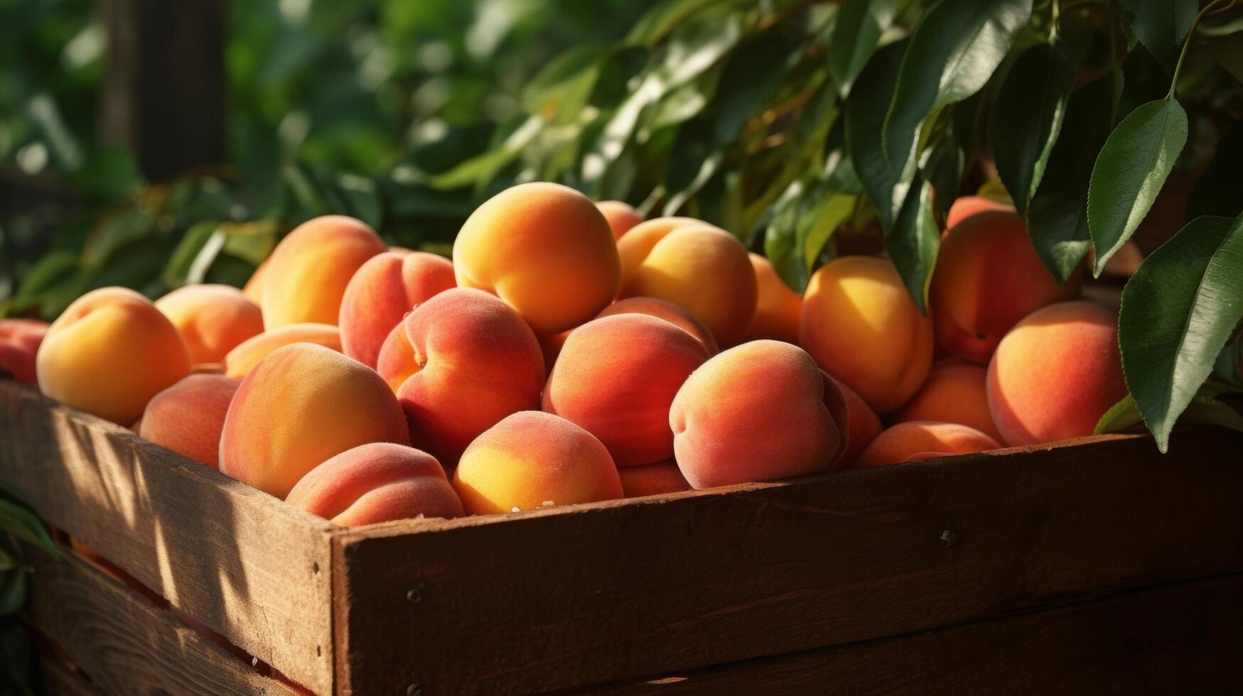 AI generated Wooden crate filled with luscious and juicy ripe peaches photo