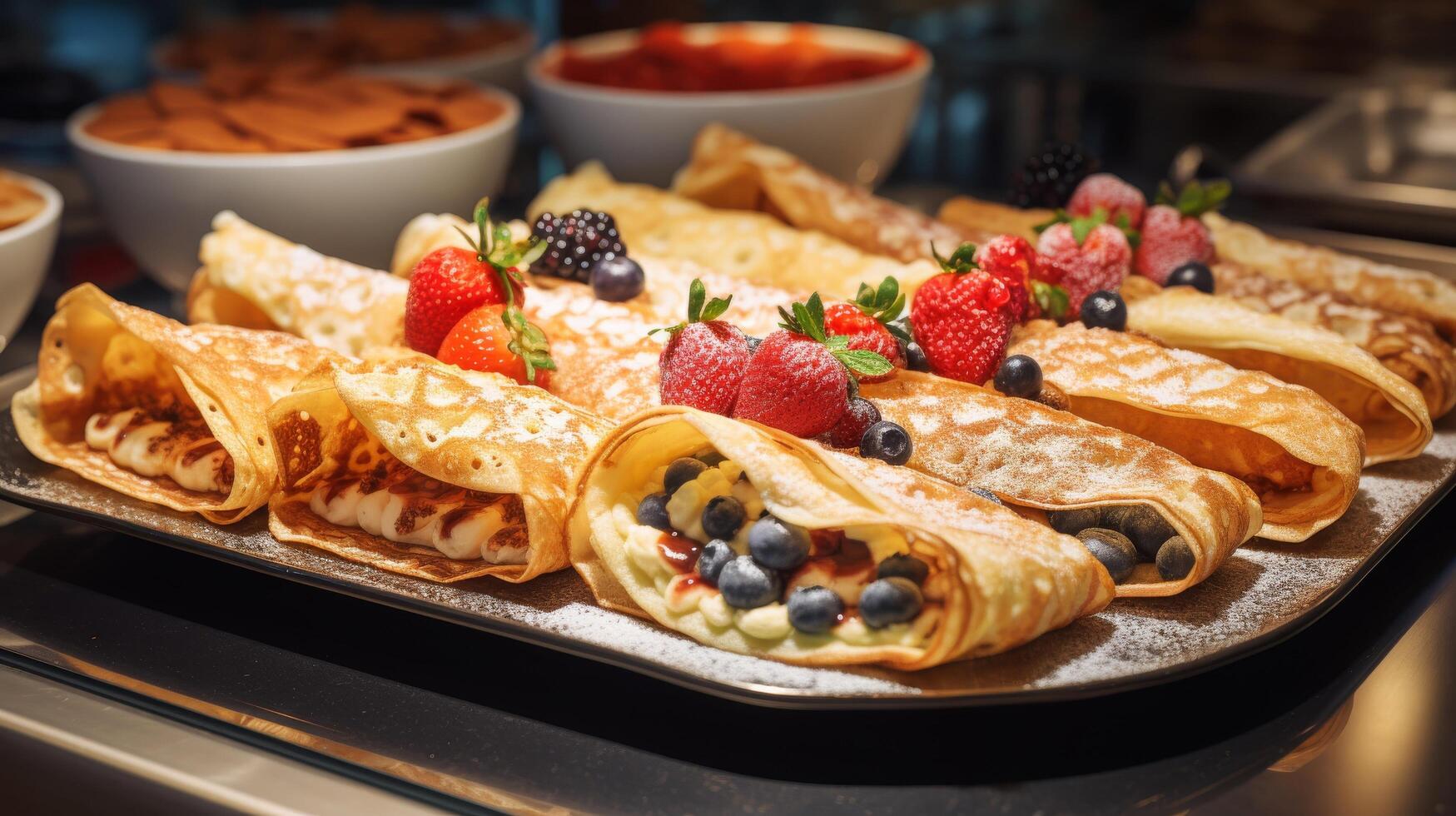 AI generated Sweet and savory crepe assortment on display photo