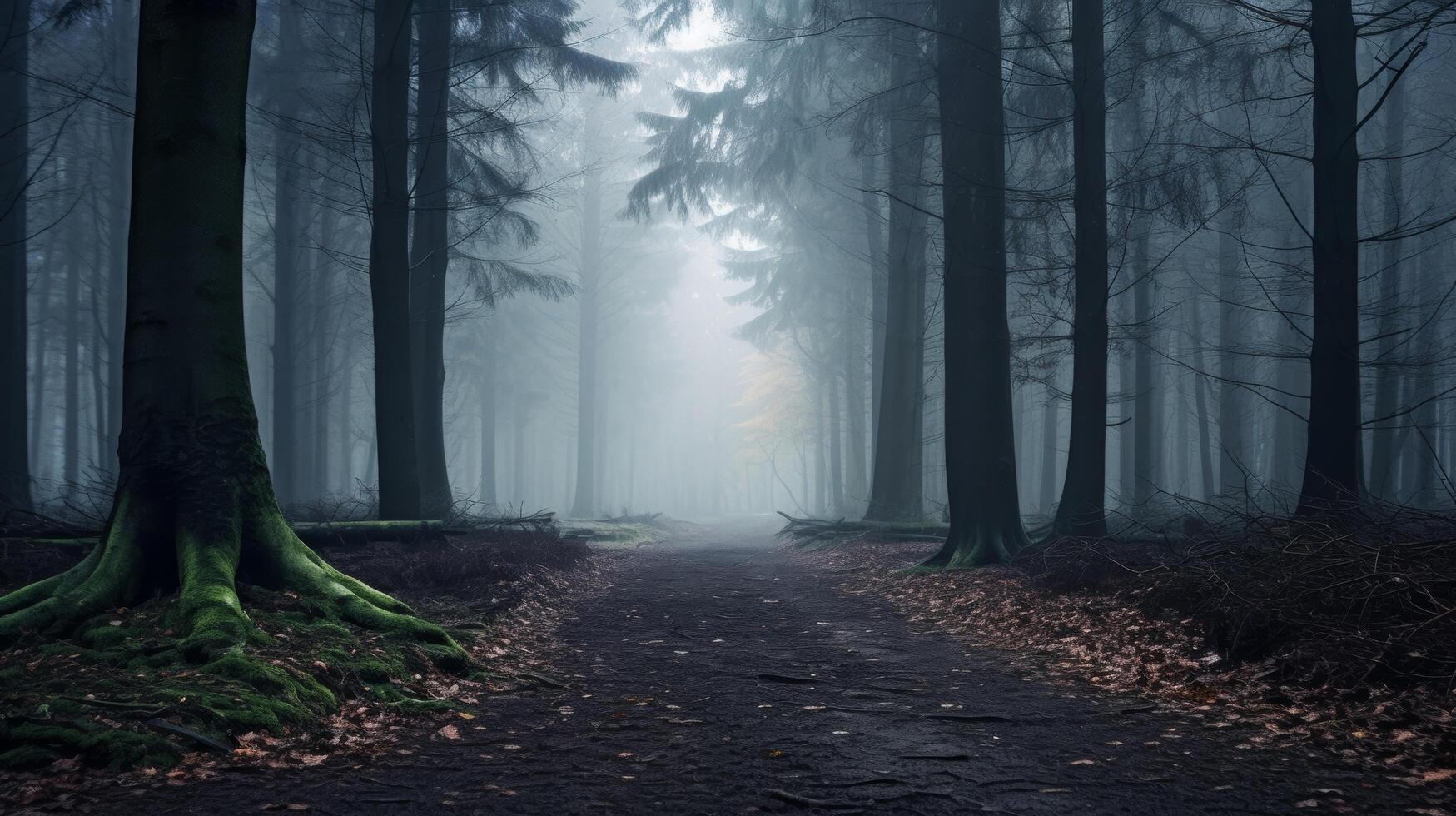 ai generado un brumoso bosque con un estrecho sendero y un de madera cerca, atractivo el espectador a explorar foto