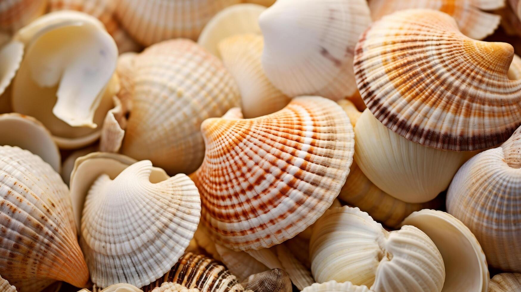 AI generated A close up of unique textures and patterns in seashells, with different colors and shapes photo