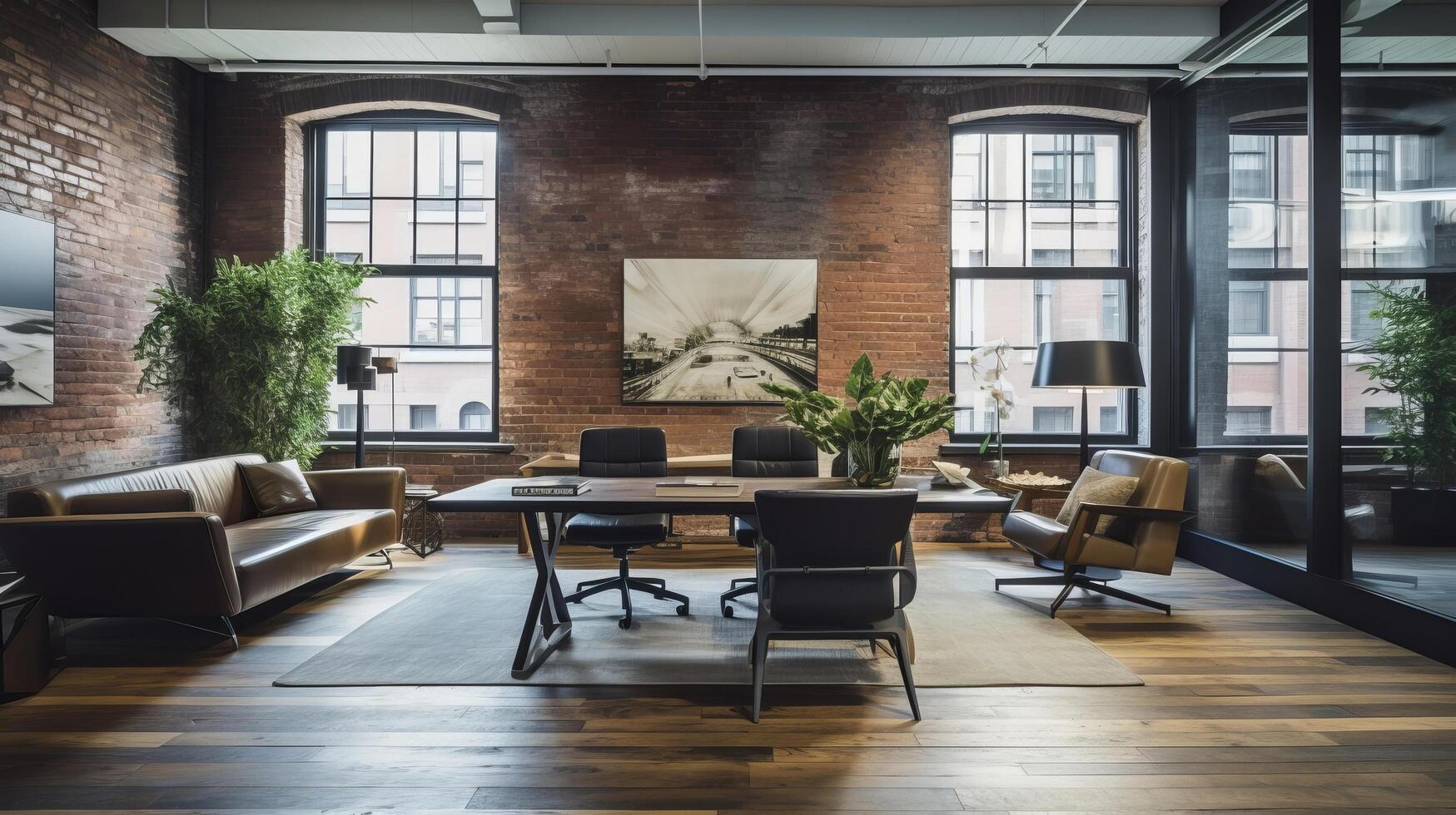 AI generated A trendy and cozy office space with exposed brick walls photo