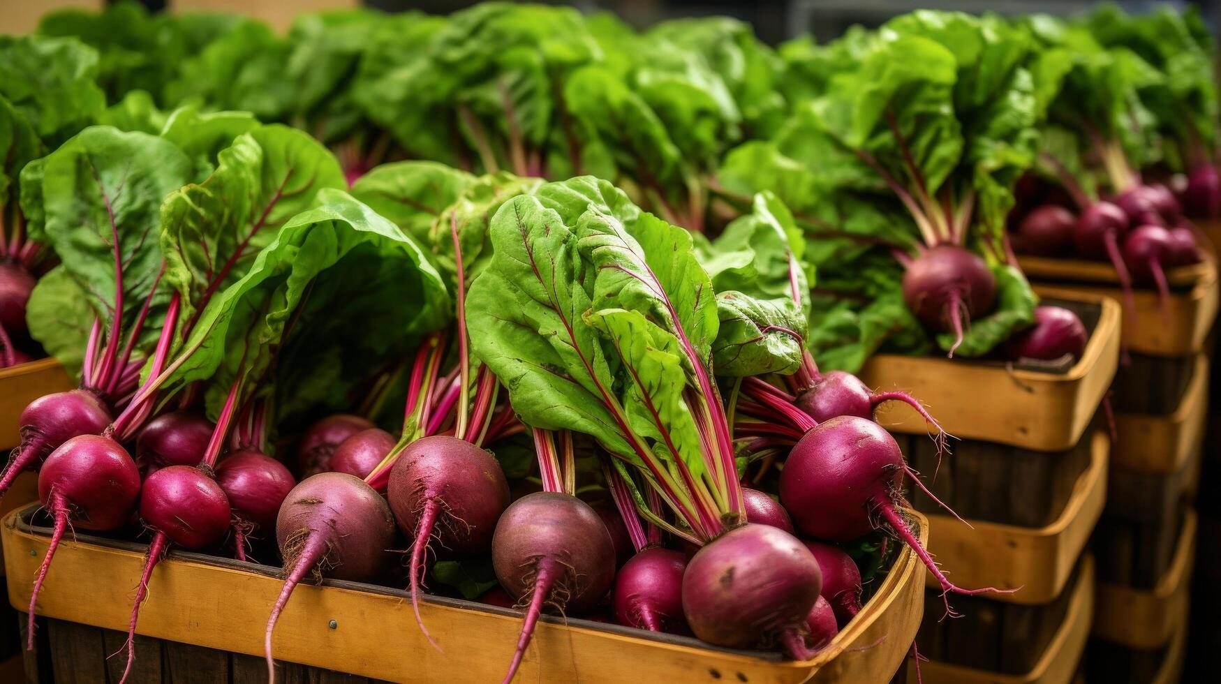 AI generated Display of assorted beets in charming baskets, showcasing rich hues photo
