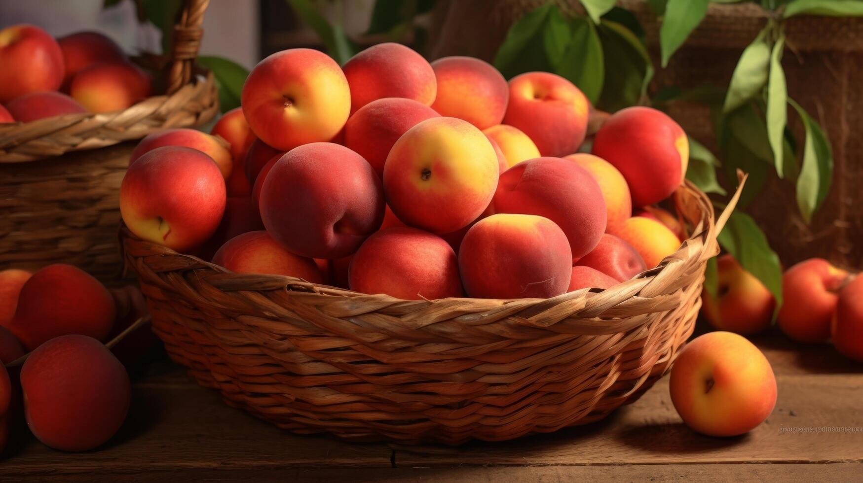 AI generated Woven basket filled with sweet, juicy nectarines photo