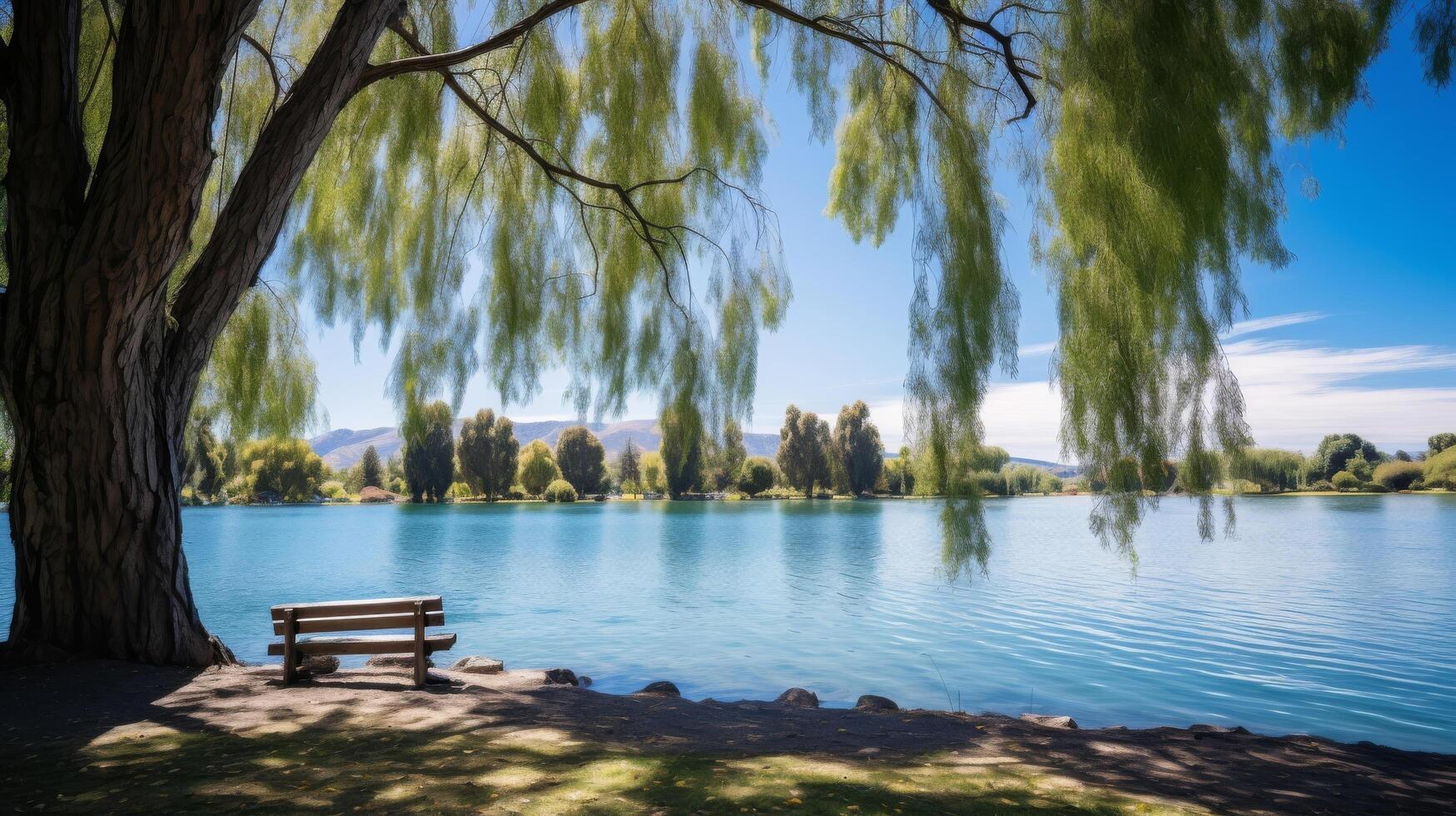 AI generated Beautiful lake with weeping willow trees and sunlight photo