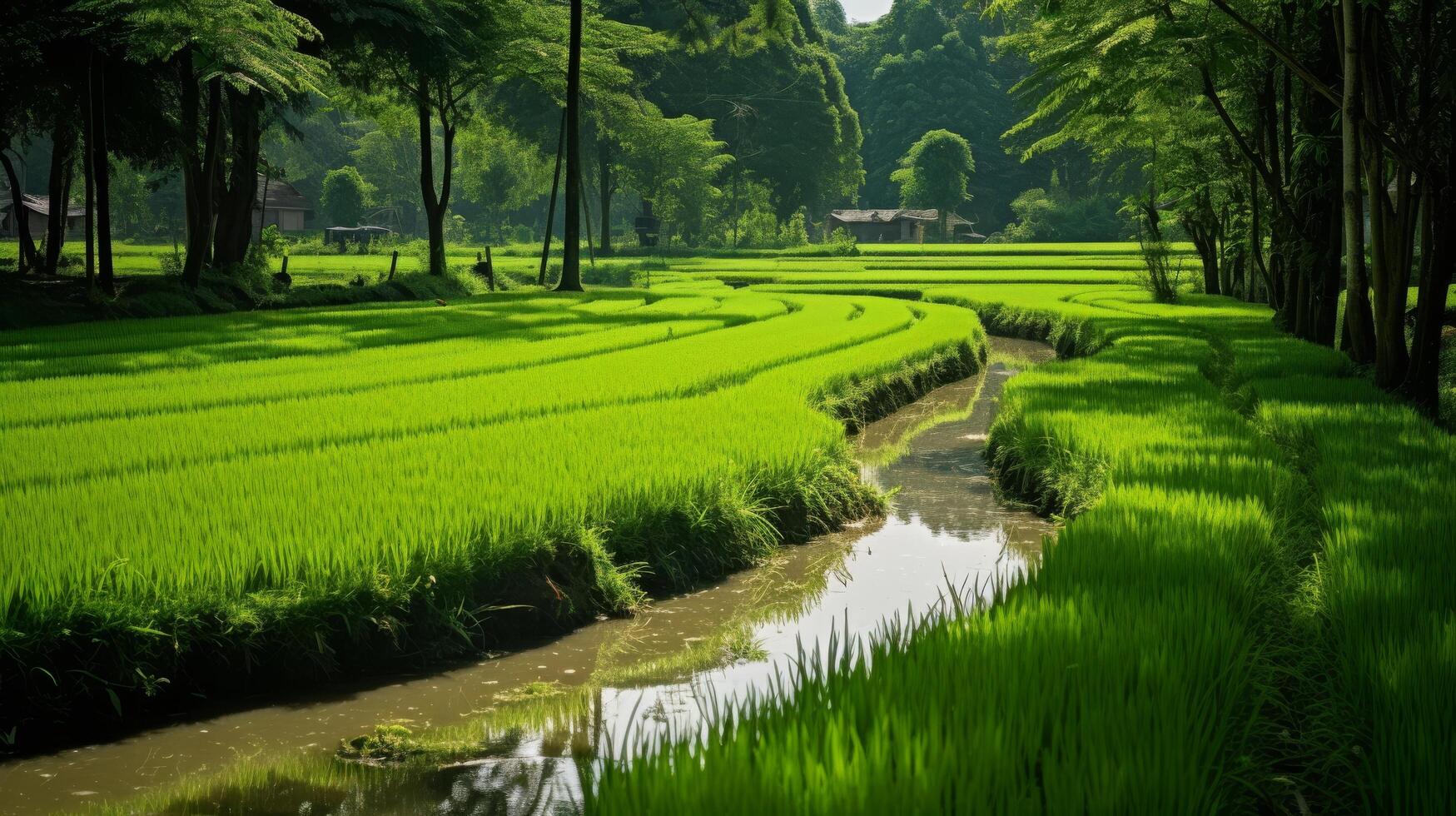 ai generado un verde arroz arrozal con agua y montañas en el distancia foto