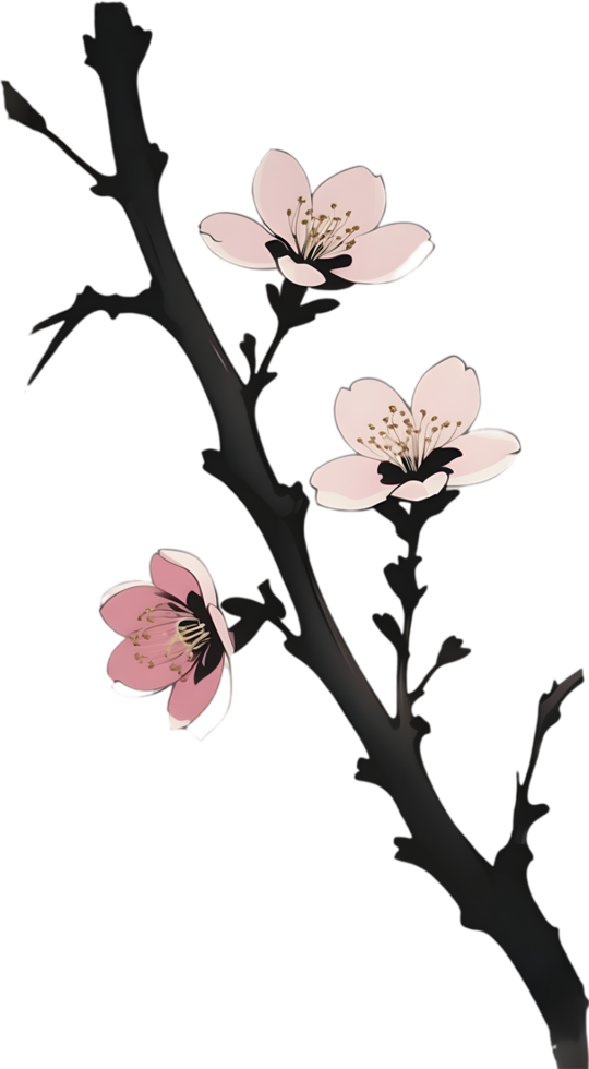 AI generated Cherry blossom flower branch, drawing of a Cherry blossom flower branch using the Japanese brushstroke technique. png