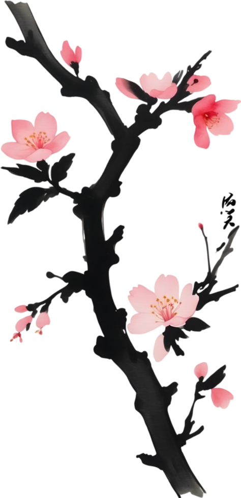 AI generated Cherry blossom flower branch, drawing of a Cherry blossom flower branch using the Japanese brushstroke technique. png