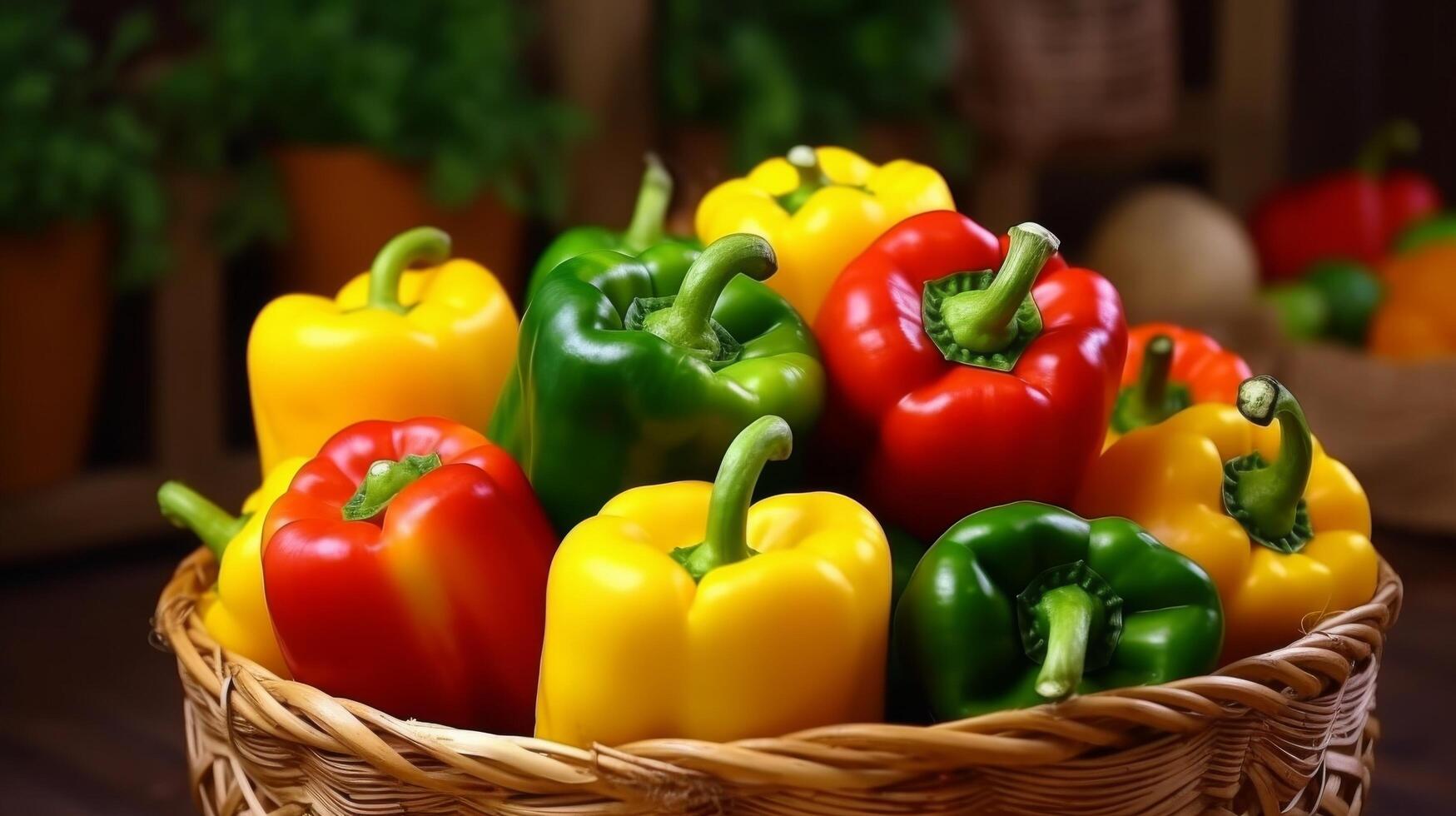 AI generated Rustic basket filled with a close up view of colorful bell peppers photo