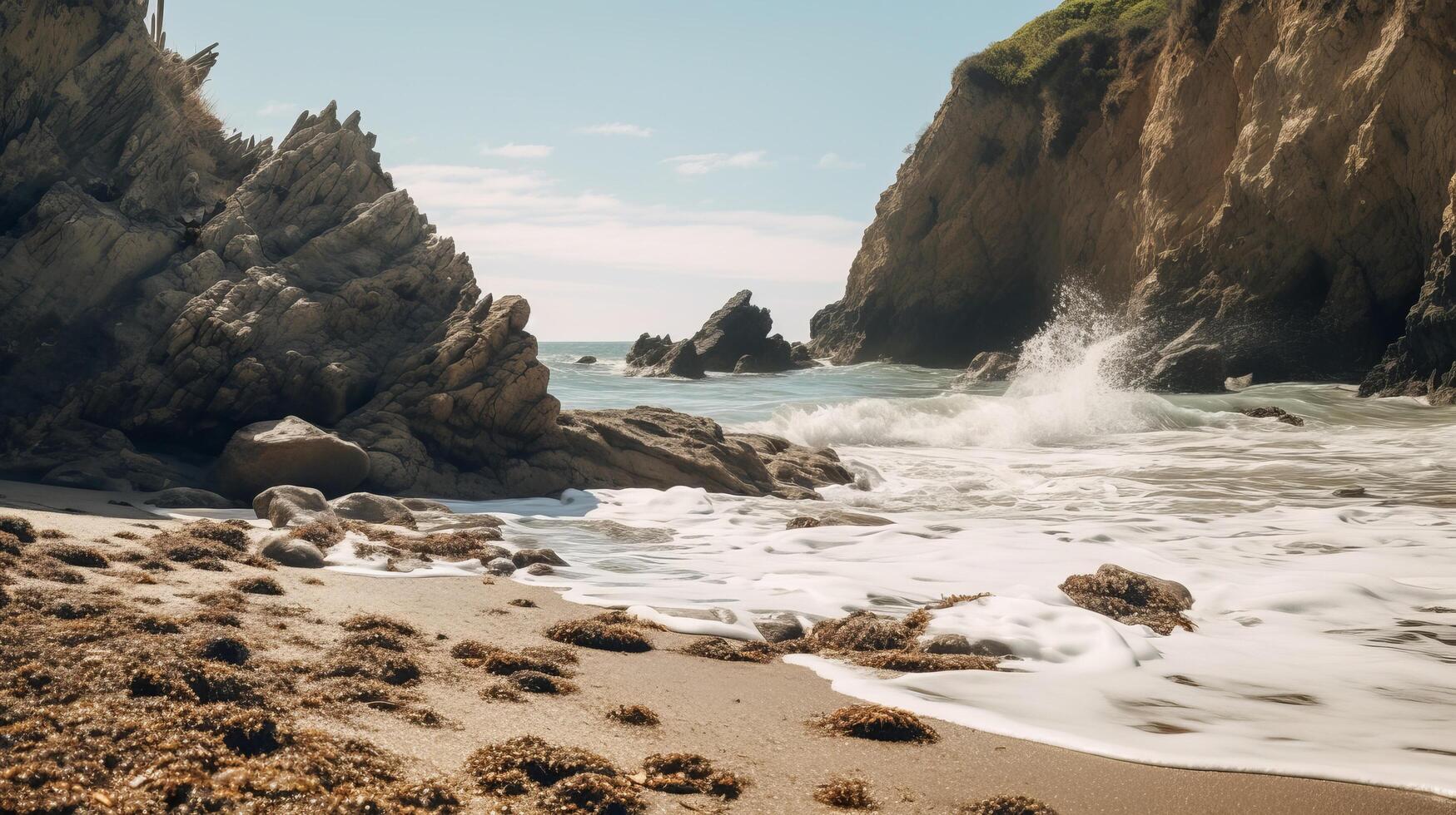 AI generated Secluded beach background with rugged cliffs and crashing waves photo