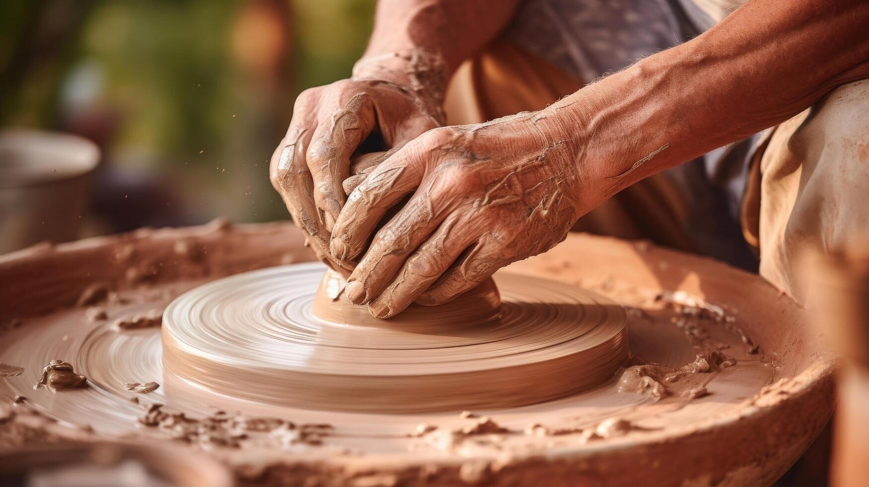 AI generated Artistic potter creating form on turning wheel. photo