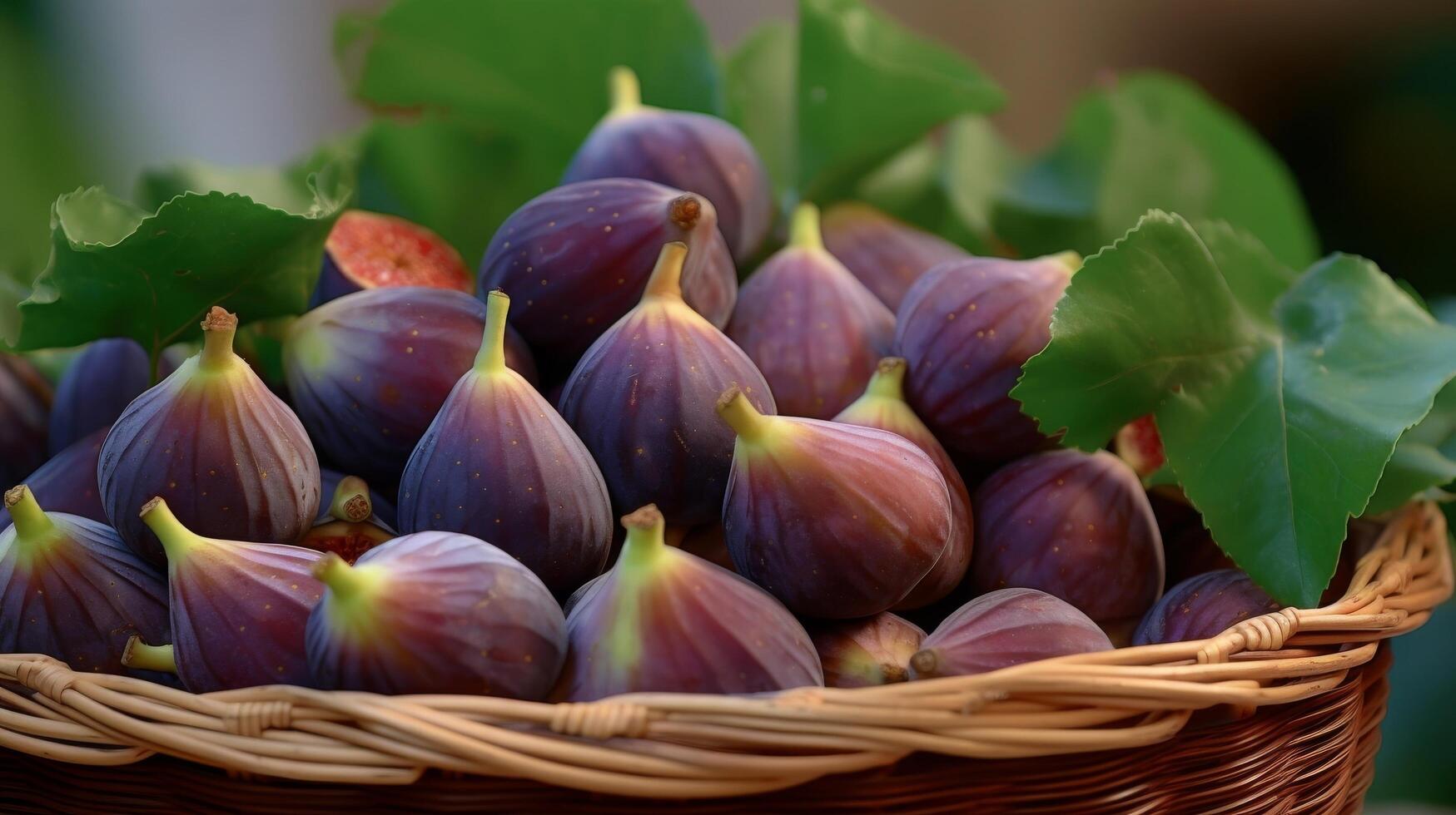 AI generated A basket of ripe figs with green leaves on a dark background photo