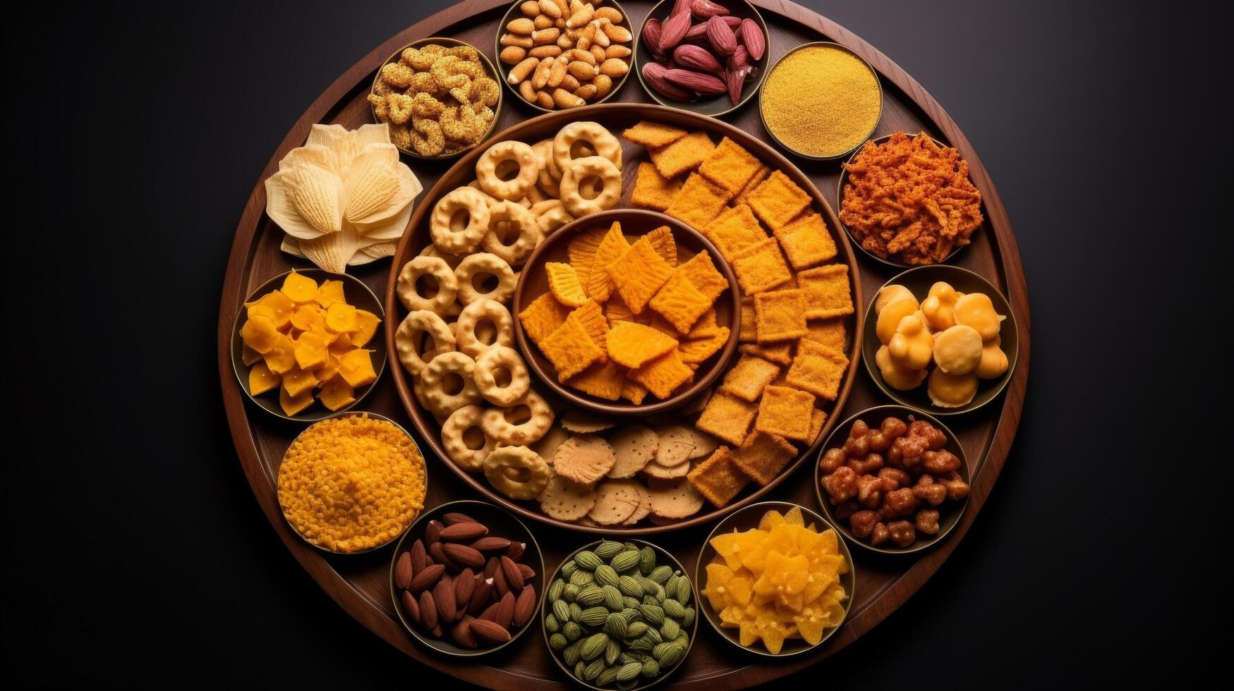 AI generated Assorted Indian snacks arranged in perfect symmetry photo