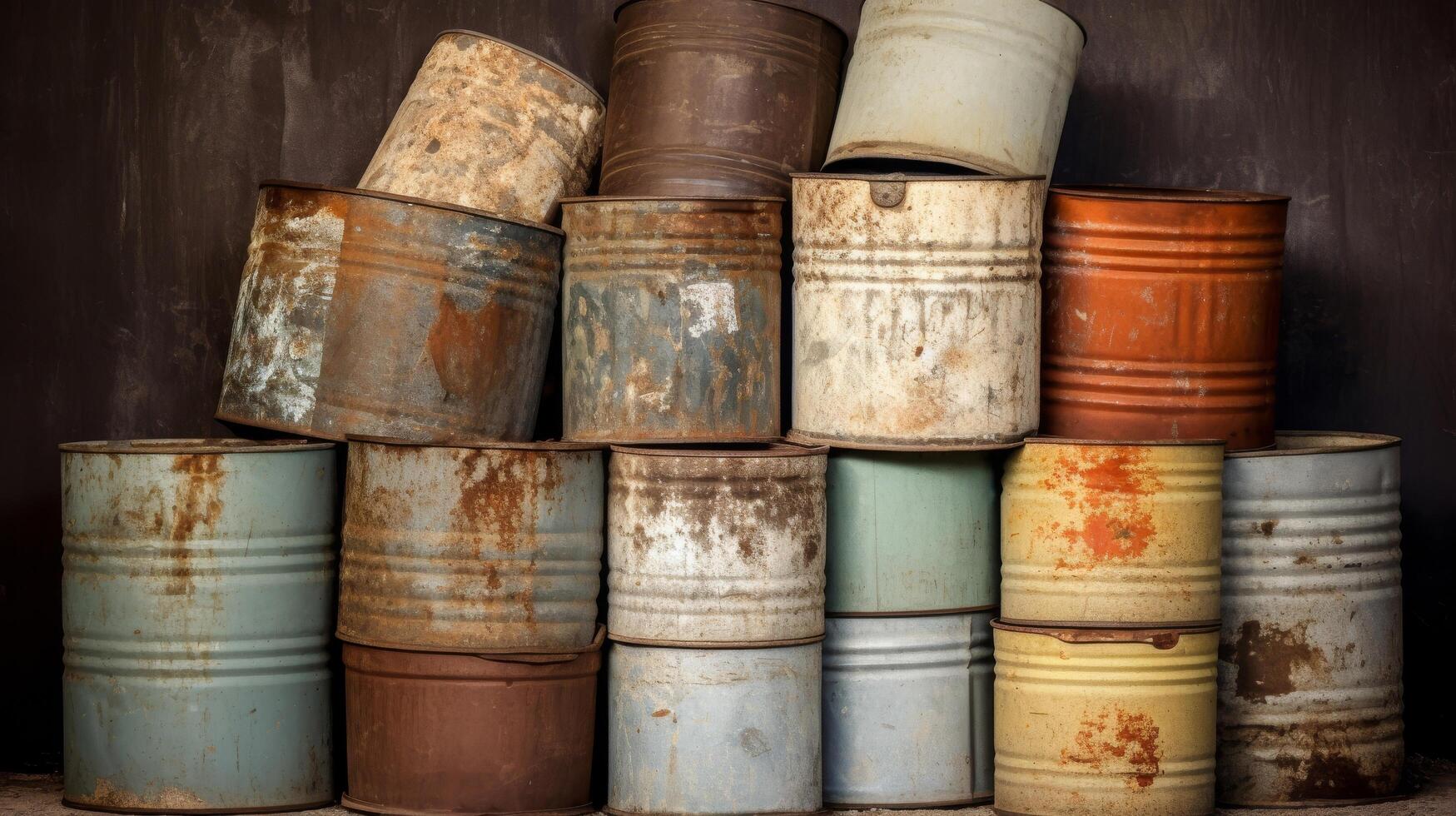 AI generated Weathered milk cans stacked in row photo