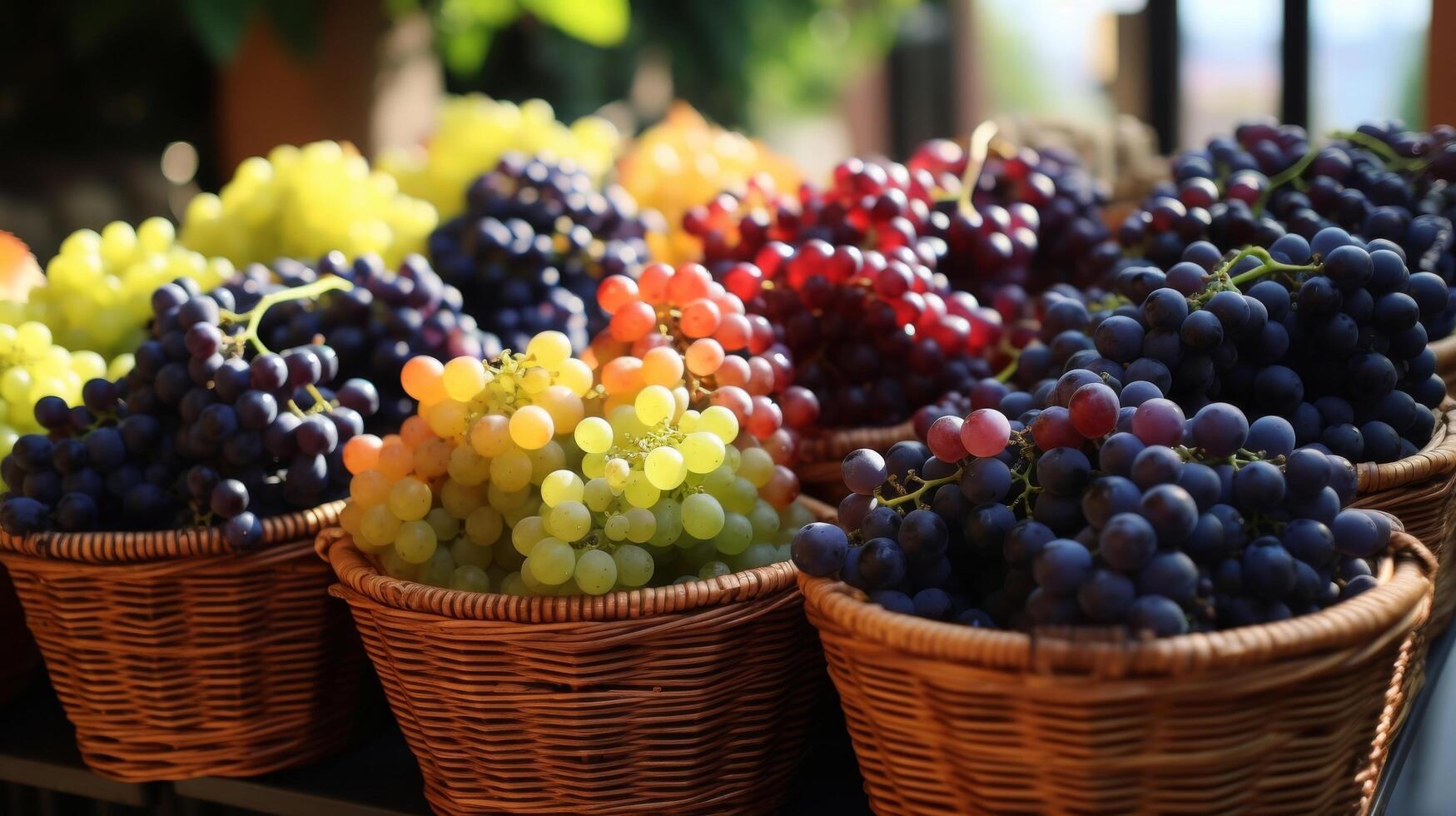 AI generated Baskets brimming with colorful and ripe grapes photo