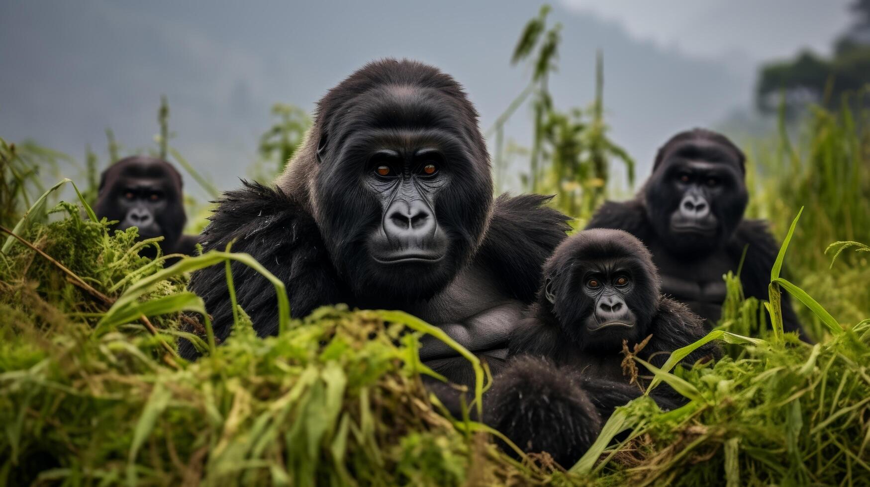 ai generado un familia de montaña gorilas en el brumoso virunga montañas foto