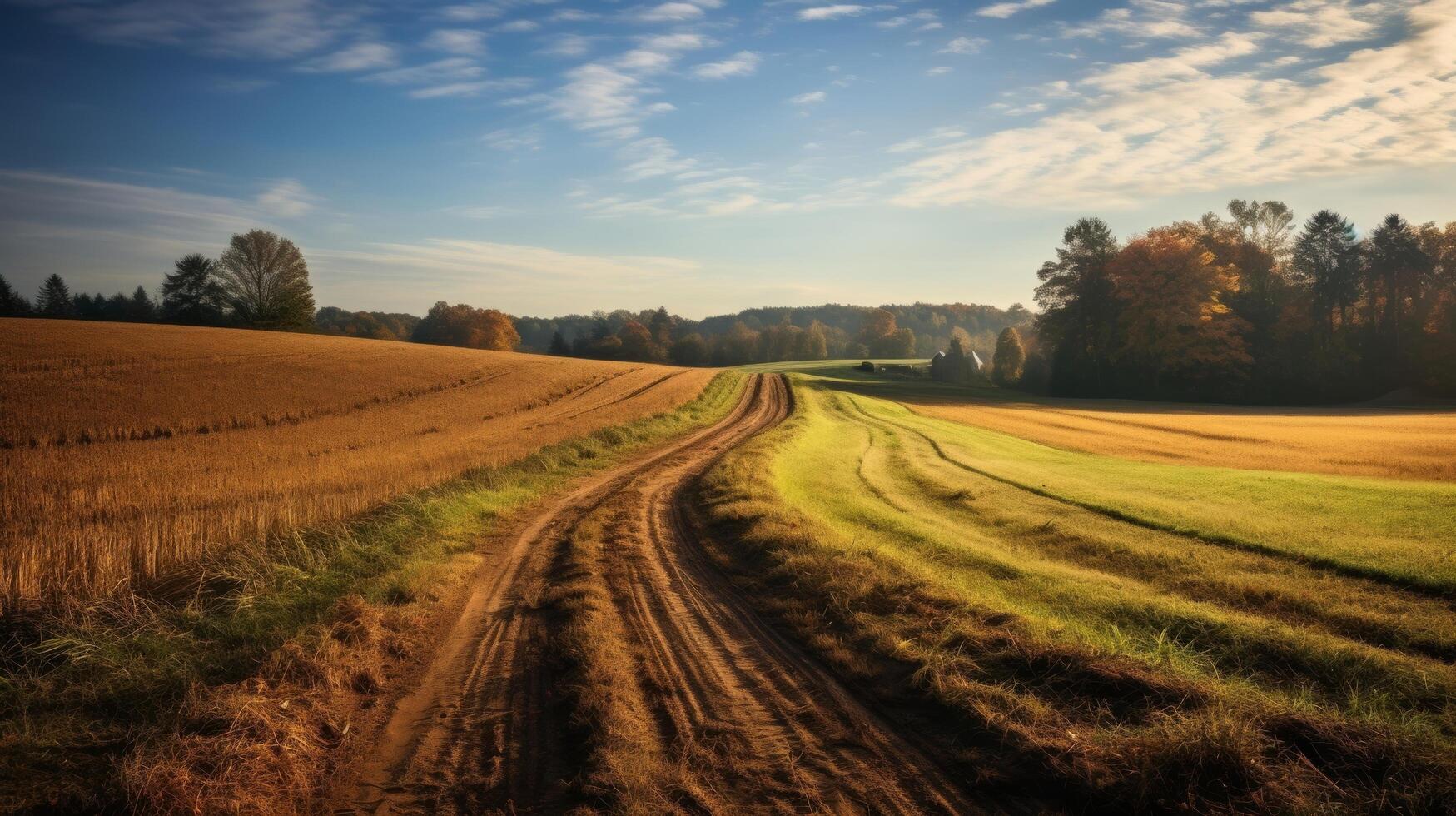 AI generated A picturesque dirt road winding through the farmland photo