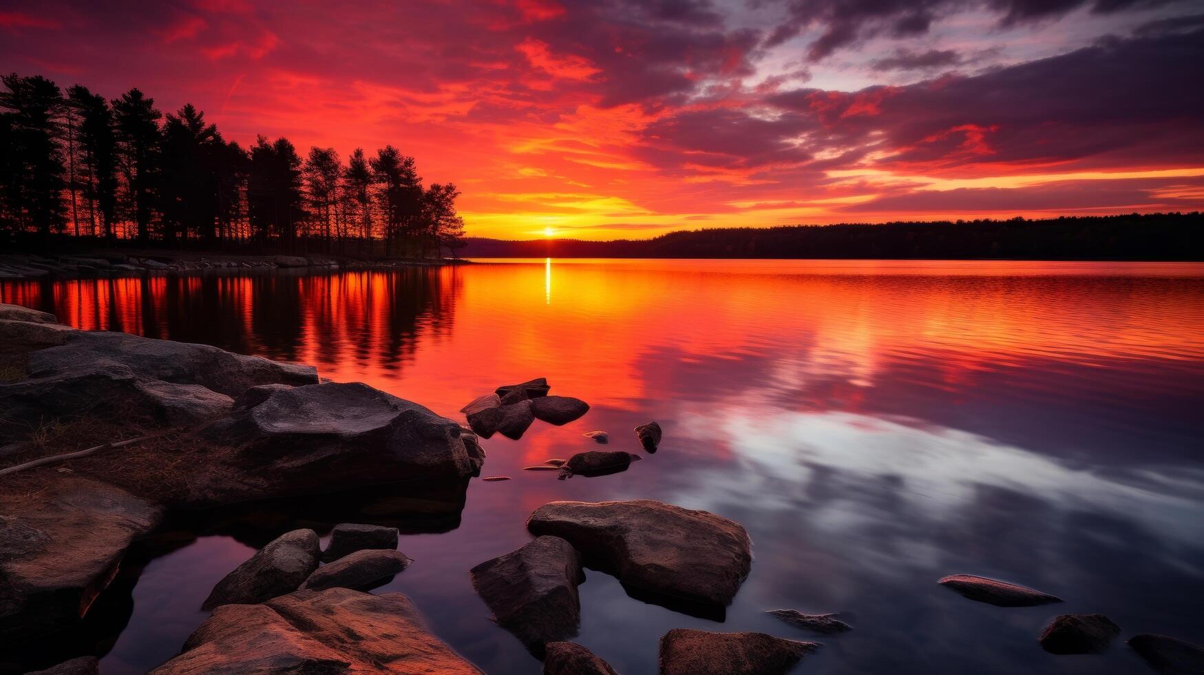 AI generated Peaceful lake and sunset in dramatic environment photo