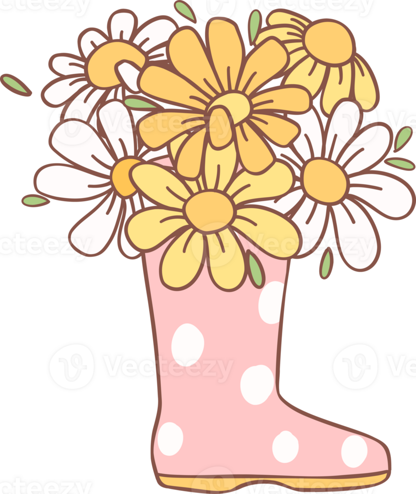 Retro Spring flower boots groovy cartoon doodle drawing png