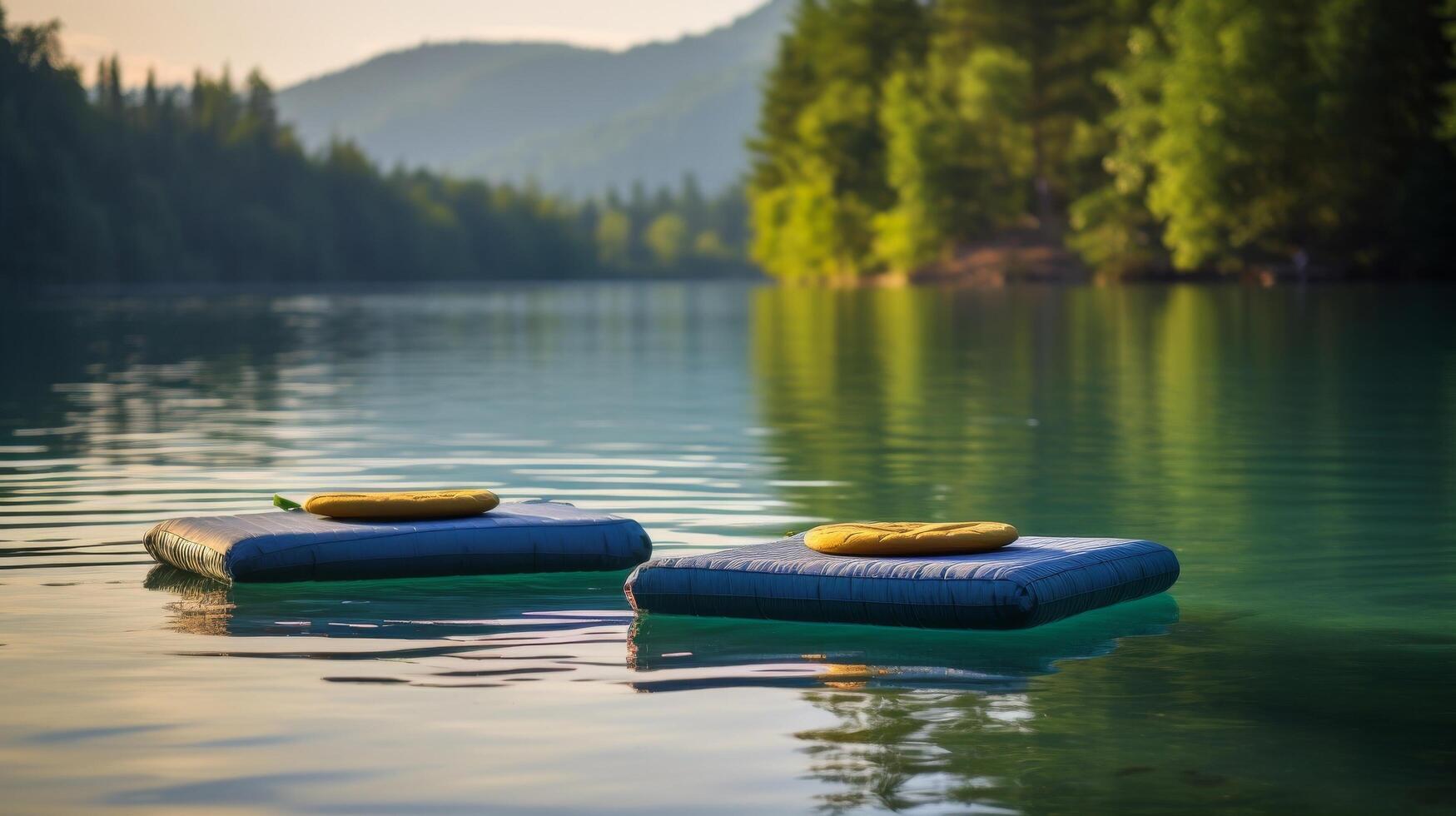 ai generado sereno lago con flotante yoga esteras foto