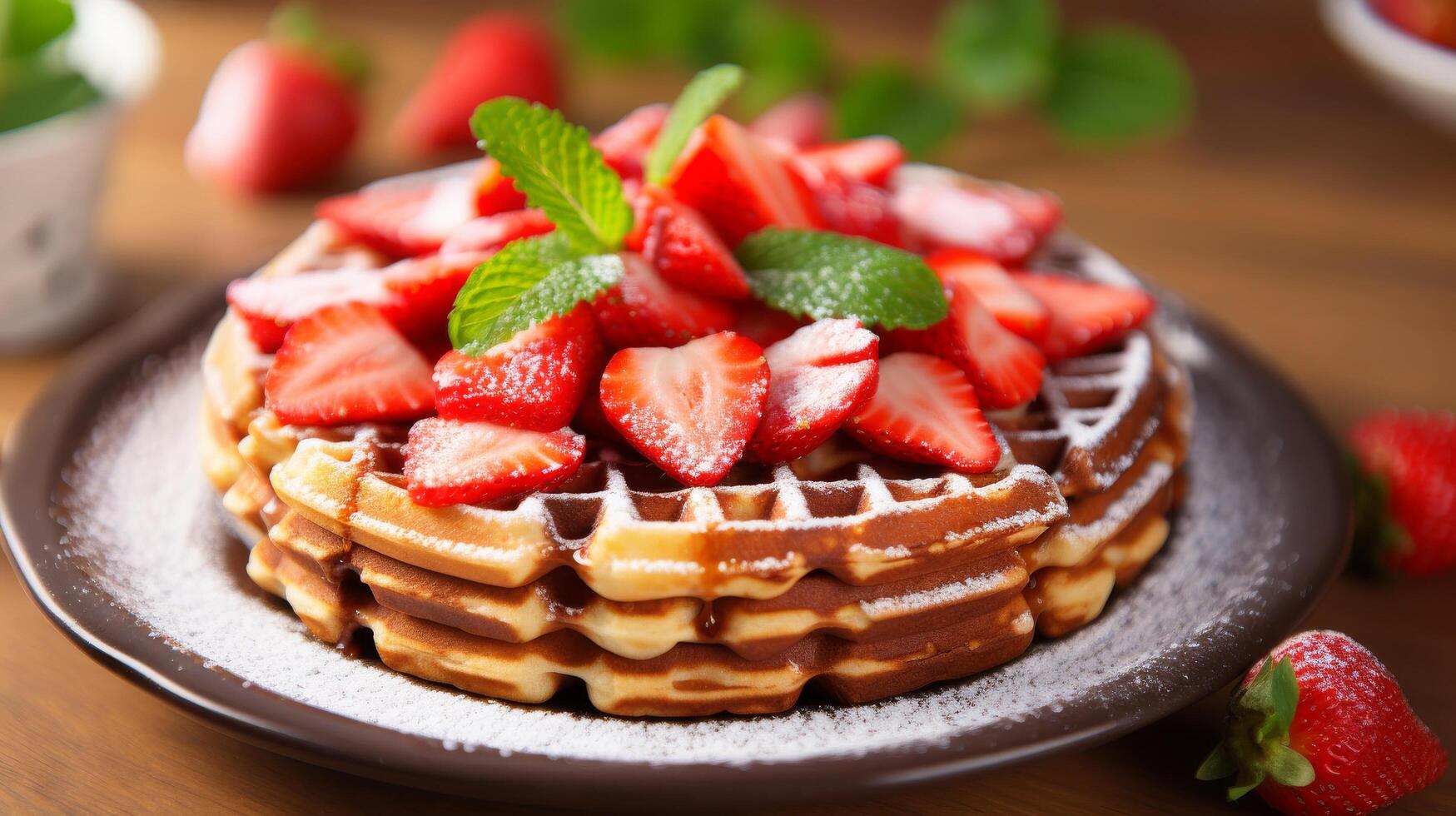 AI generated Belgian waffles served with delicious strawberries photo