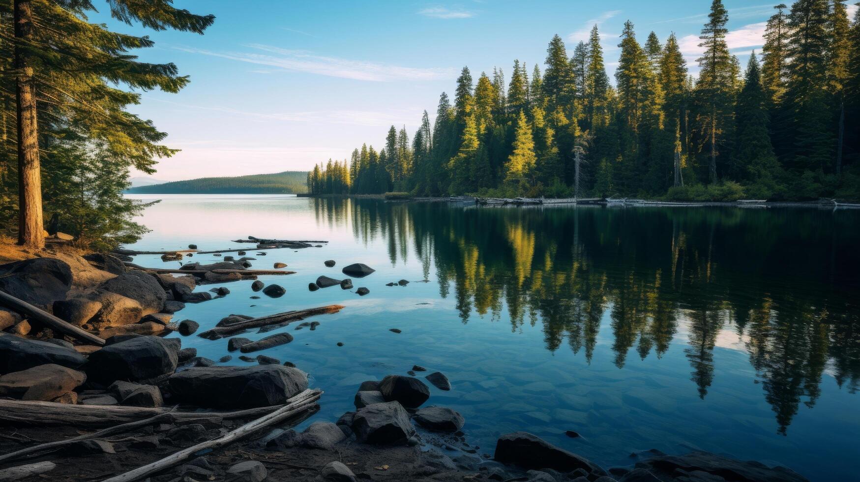 AI generated Peaceful lake and pine forest in natural environment photo