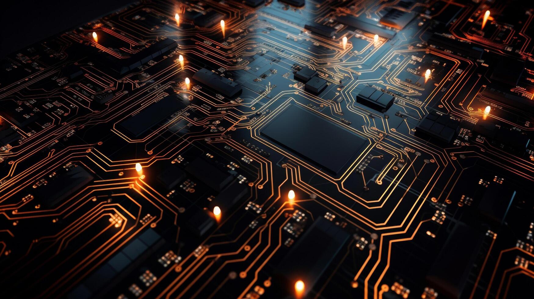 AI generated Illuminated circuit board patterns in dark photo
