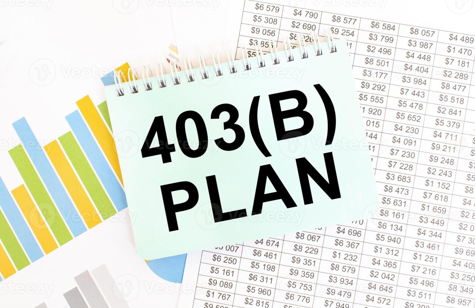 403b plan text on a note with financial charts and graphs in the background photo