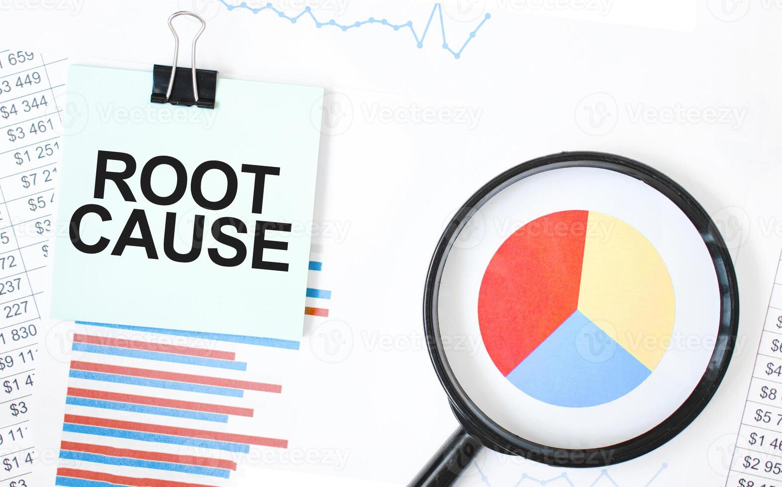 Note paper with ROOT CAUSE text and magnifying glass over pie chart. Problem-solving and analysis concept in business photo