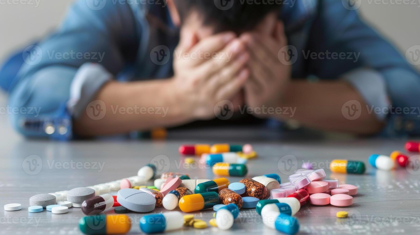 AI generated Sick man lying on the floor with a lot of colorful pills photo