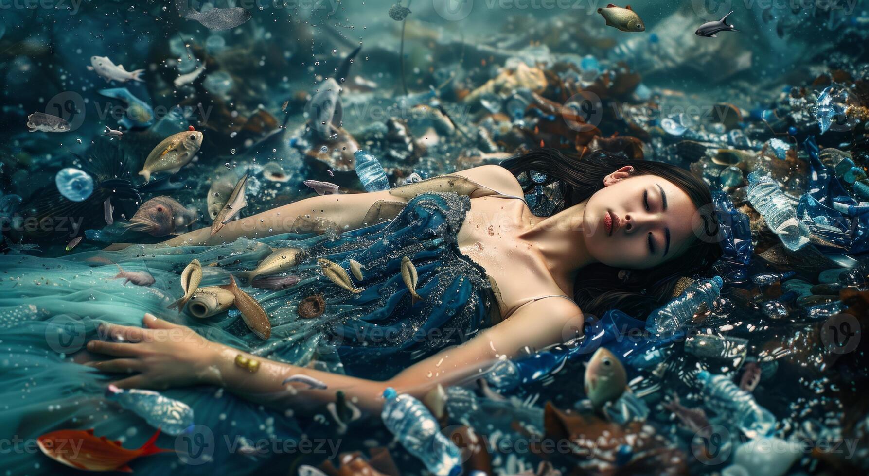 AI generated Beautiful young woman lying in sea with garbage and plastic bottles photo