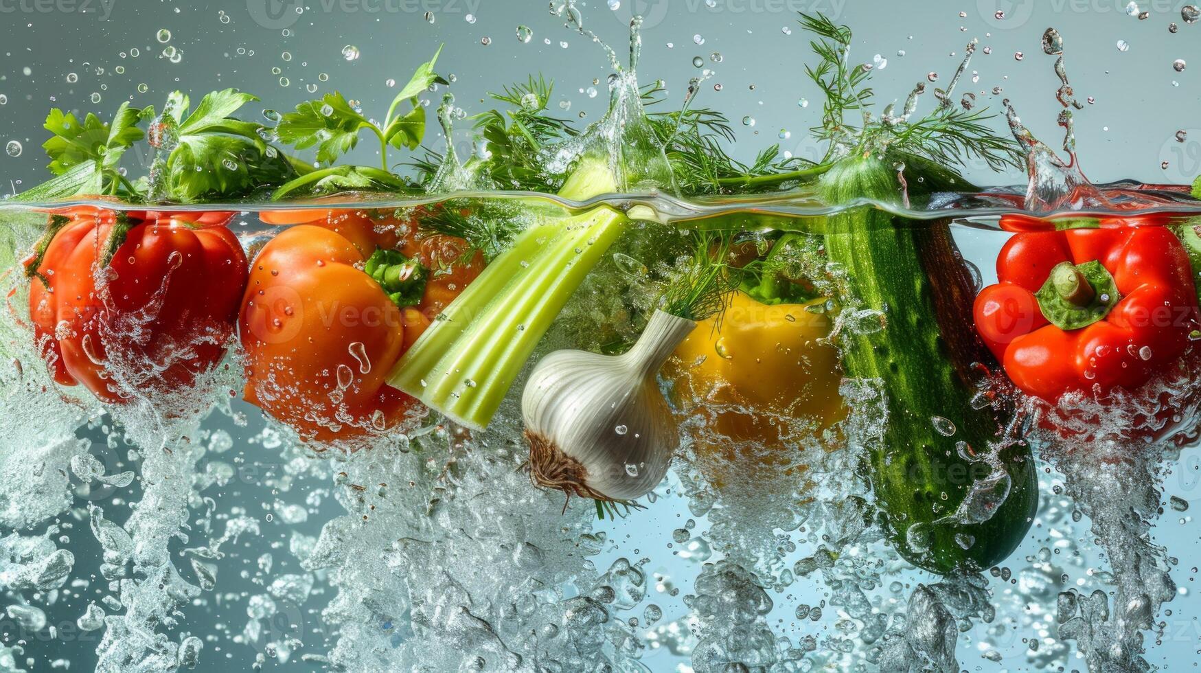 AI generated Fresh vegetables falling into water with splash. Tomato, parsley, garlic. Food background photo