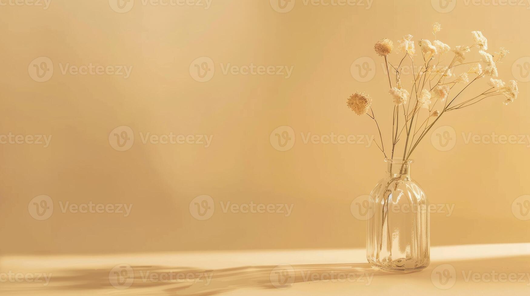 AI generated Dried flowers in glass vase on beige background with shadow. photo
