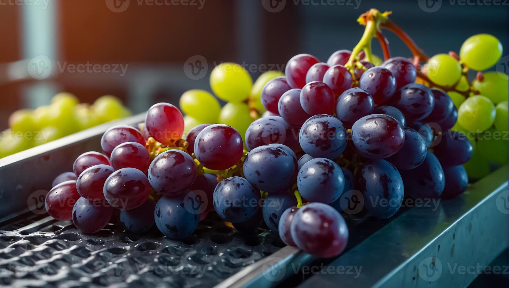 AI generated conveyor belt with fresh grapes photo