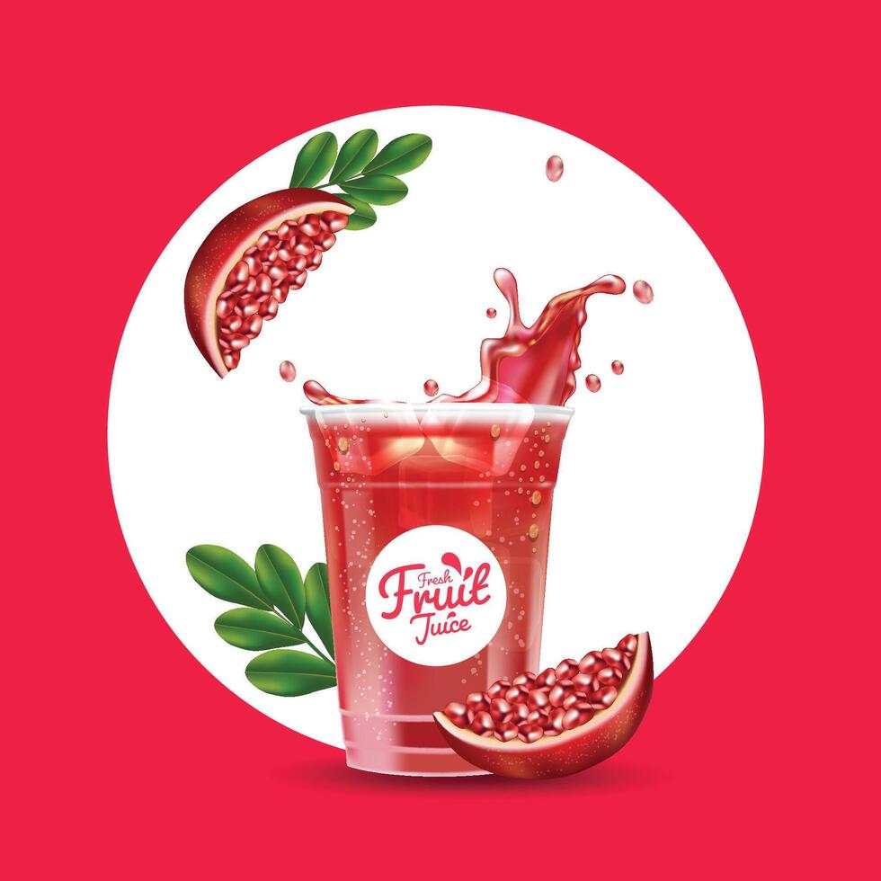 Realistic iced pomegranate juice drink cup vector