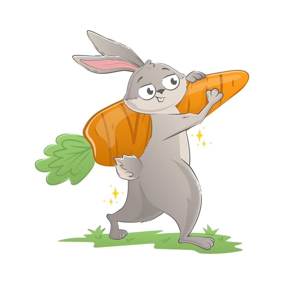 gracioso Pascua de Resurrección conejito lleva un enorme Zanahoria en el césped. fiesta garabatear personaje aislado en blanco antecedentes. vector