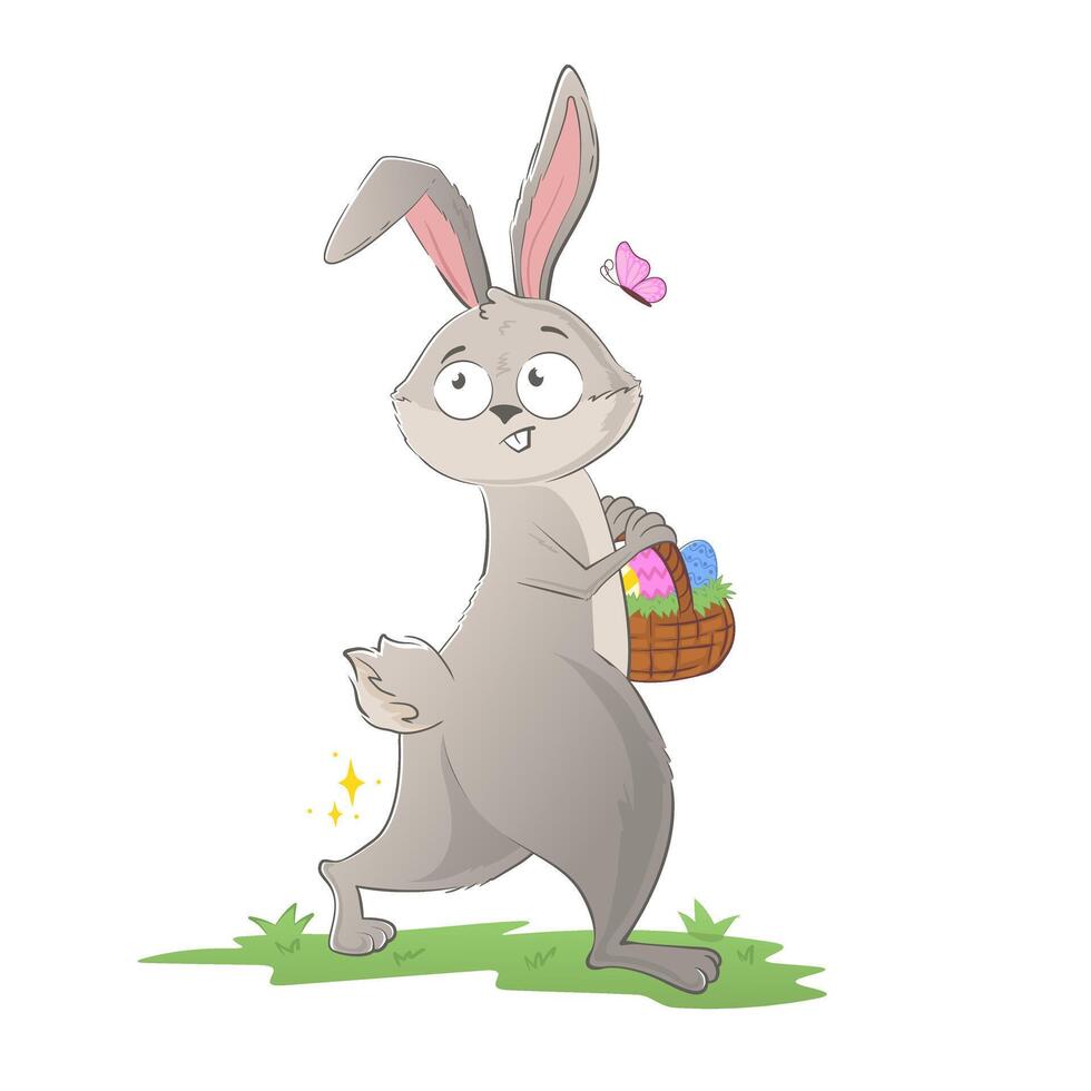 Funny Easter bunny holding a basket of eggs on the lawn. Holiday doodle character isolated on white background. vector