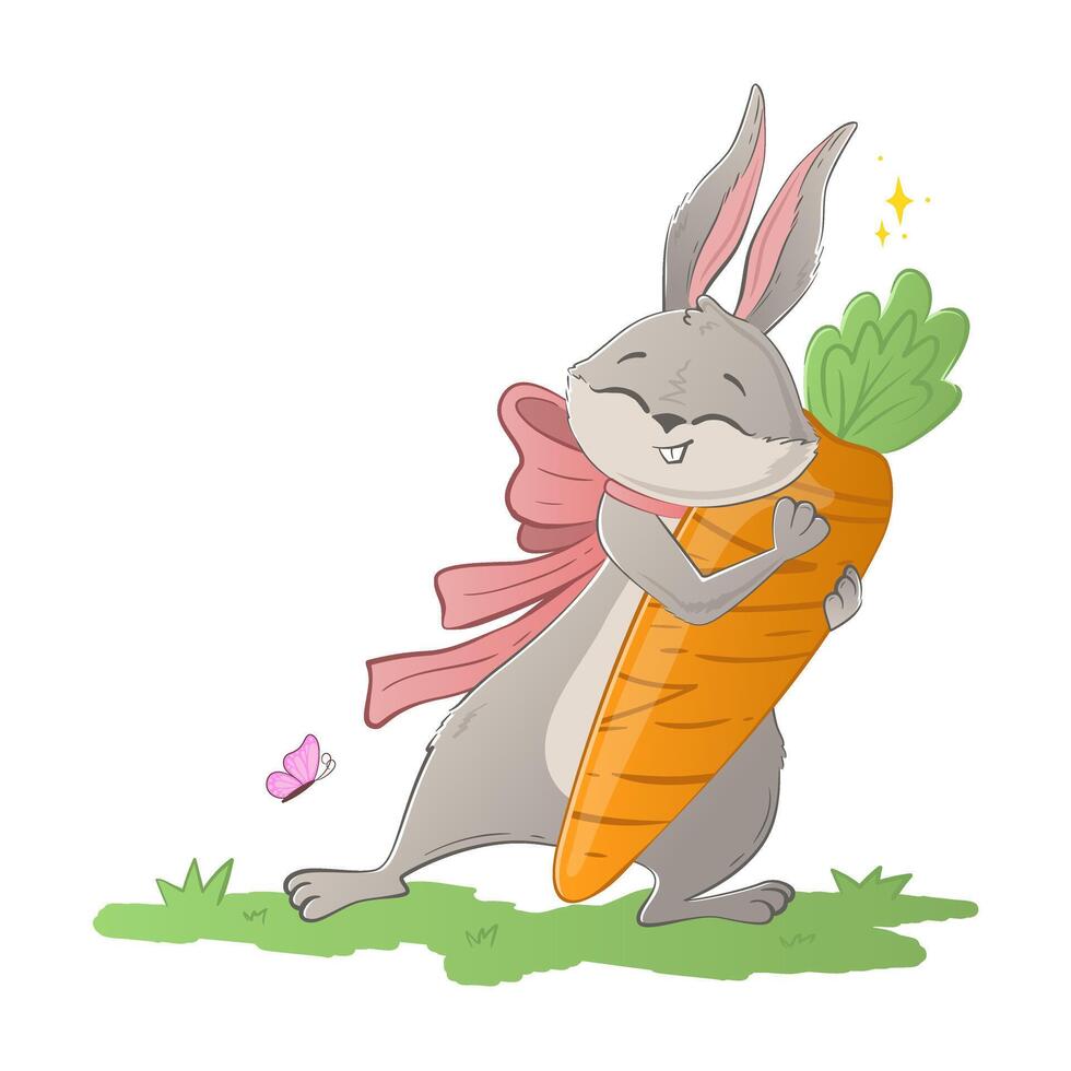 funny Easter bunny hugs a huge carrot on the lawn. Holiday doodle character isolated on white background. vector